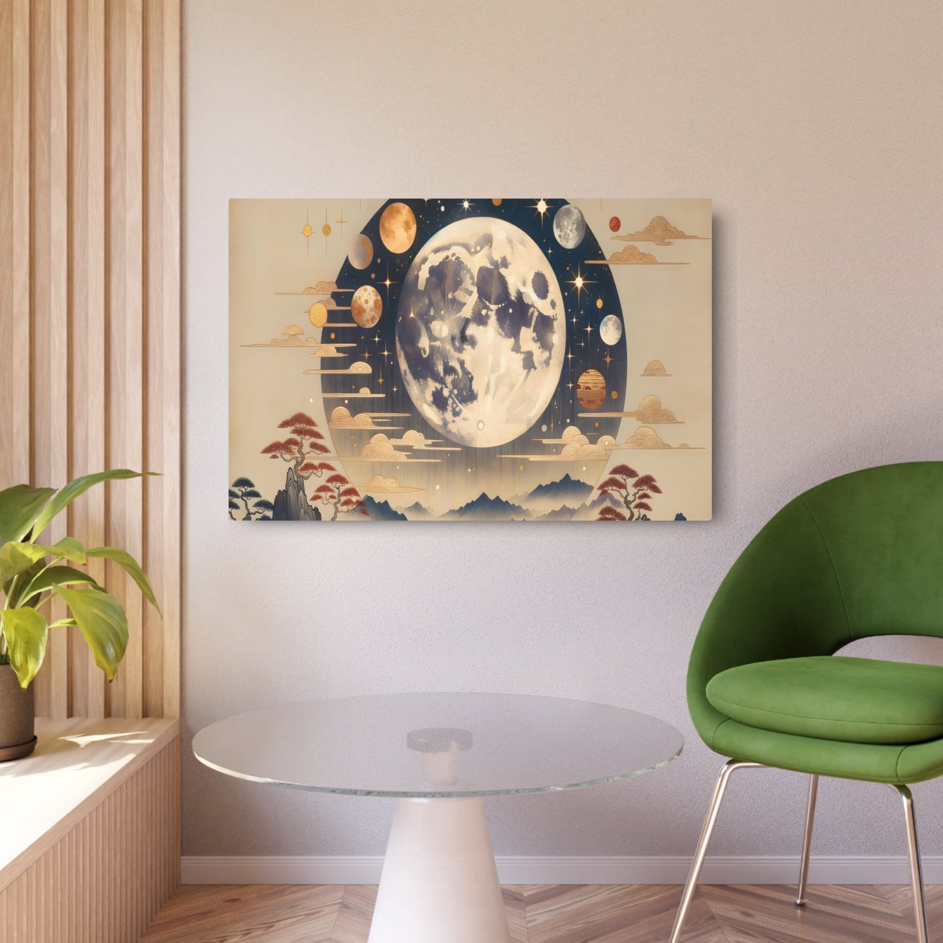 Metal Poster Art | "Kano School Inspired Japanese Artwork: Celestial Bodies in Asian Art Styles - Moon, Stars, and Planets Interpretation" - Metal Poster Art 36″ x 24″ (Horizontal) 0.12''