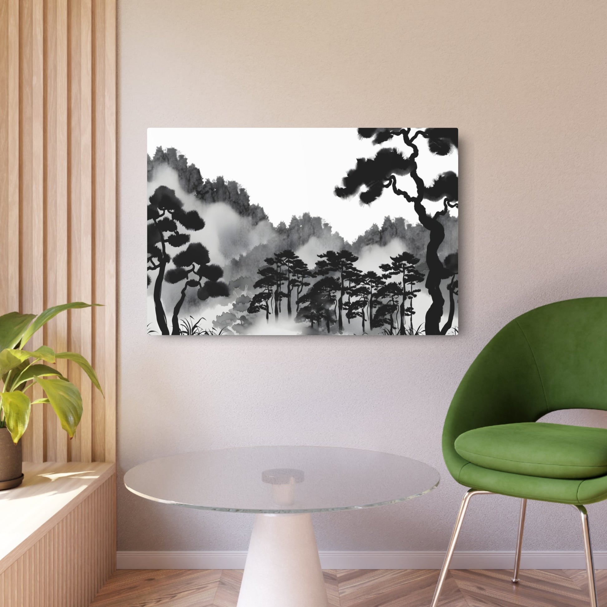 Metal Poster Art | "Sumi-e Japanese Ink Wash Painting - Tranquil Forest Scene in Traditional Asian Art Styles" - Metal Poster Art 36″ x 24″ (Horizontal) 0.12''