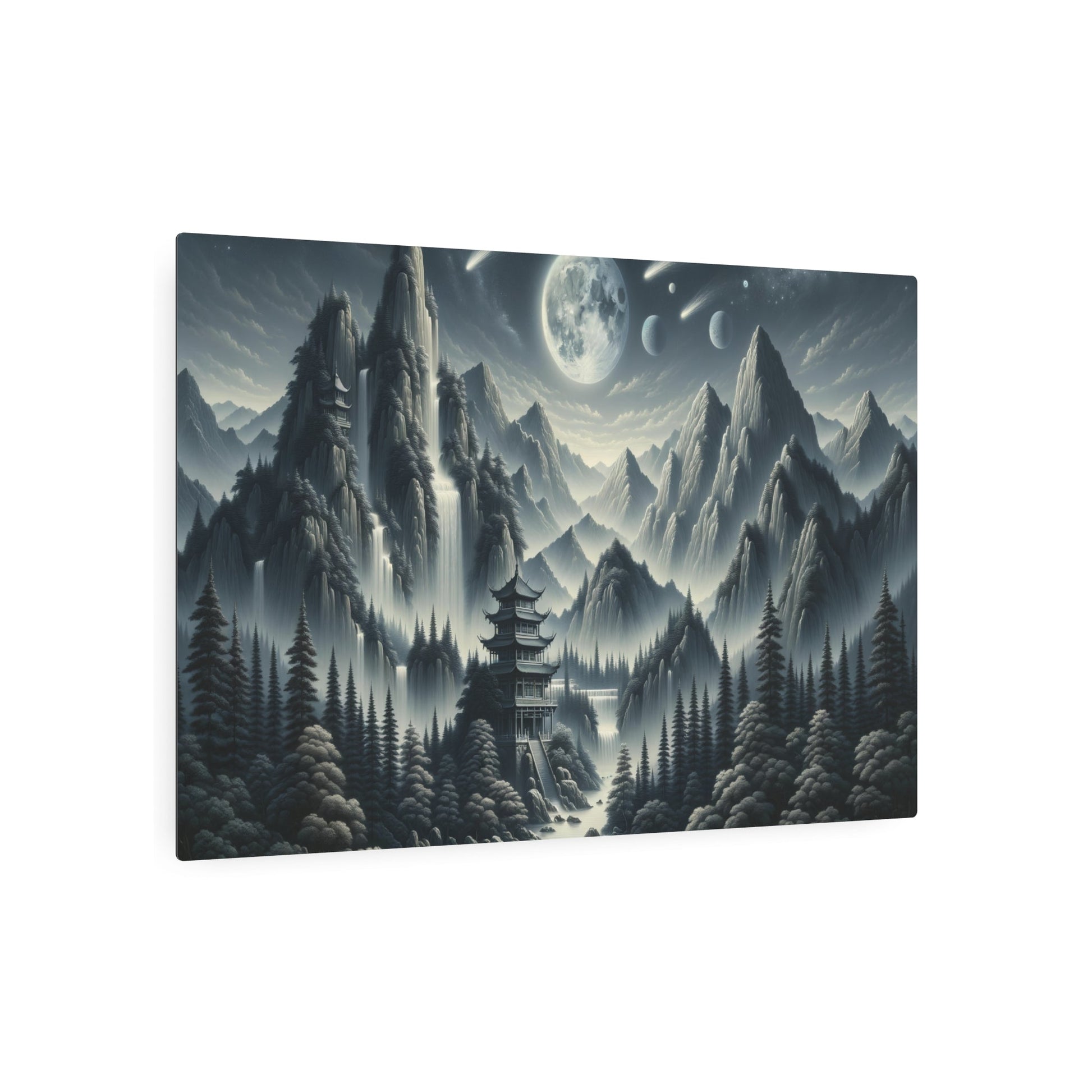 Metal Poster Art | "Traditional Chinese Landscape Painting with Vivid Celestial Bodies - Featuring High Mountains, Waterfalls, Pagodas, and Pine Trees in a Clear Night - Metal Poster Art 36″ x 24″ (Horizontal) 0.12''