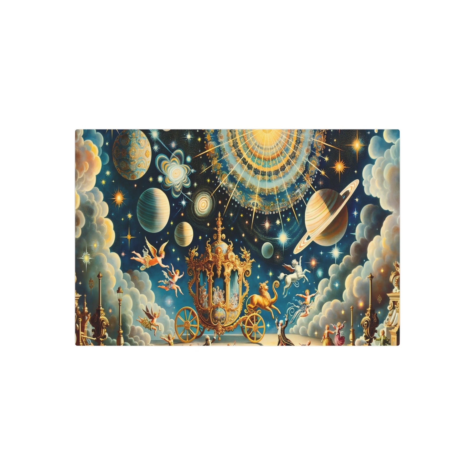 Metal Poster Art | "Rococo Period - Inspired Celestial Scene Painting - Western Art Style featuring Planets, Stars, Galaxies and Cherubs in Rich Blue - Metal Poster Art 36″ x 24″ (Horizontal) 0.12''