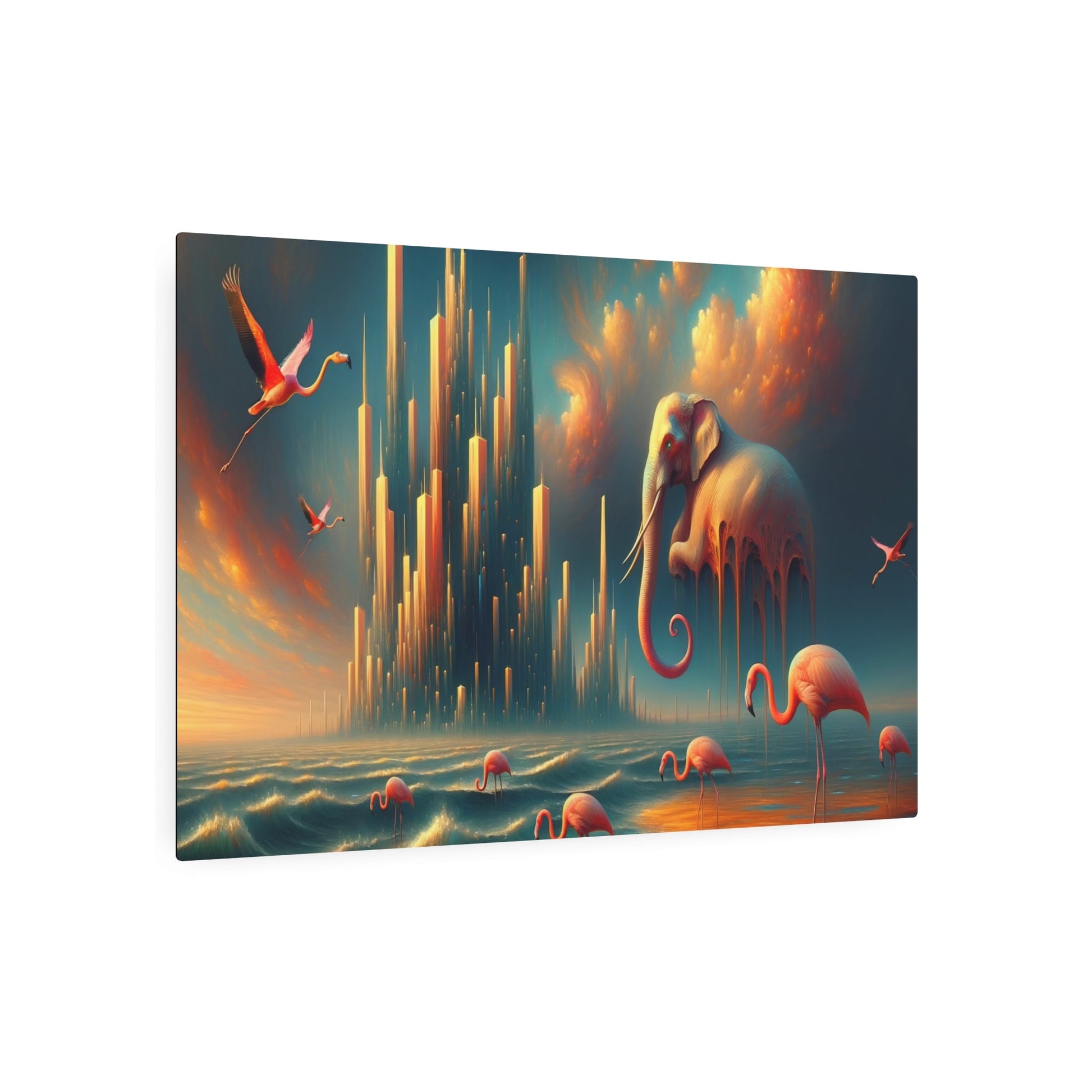 Metal Poster Art | "Salvador Dali Inspired Surrealism Art - Melting Skyscrapers & Flamboyant Elephants in Dreamlike Dusk, - Metal Poster Art 36″ x 24″ (Horizontal) 0.12''