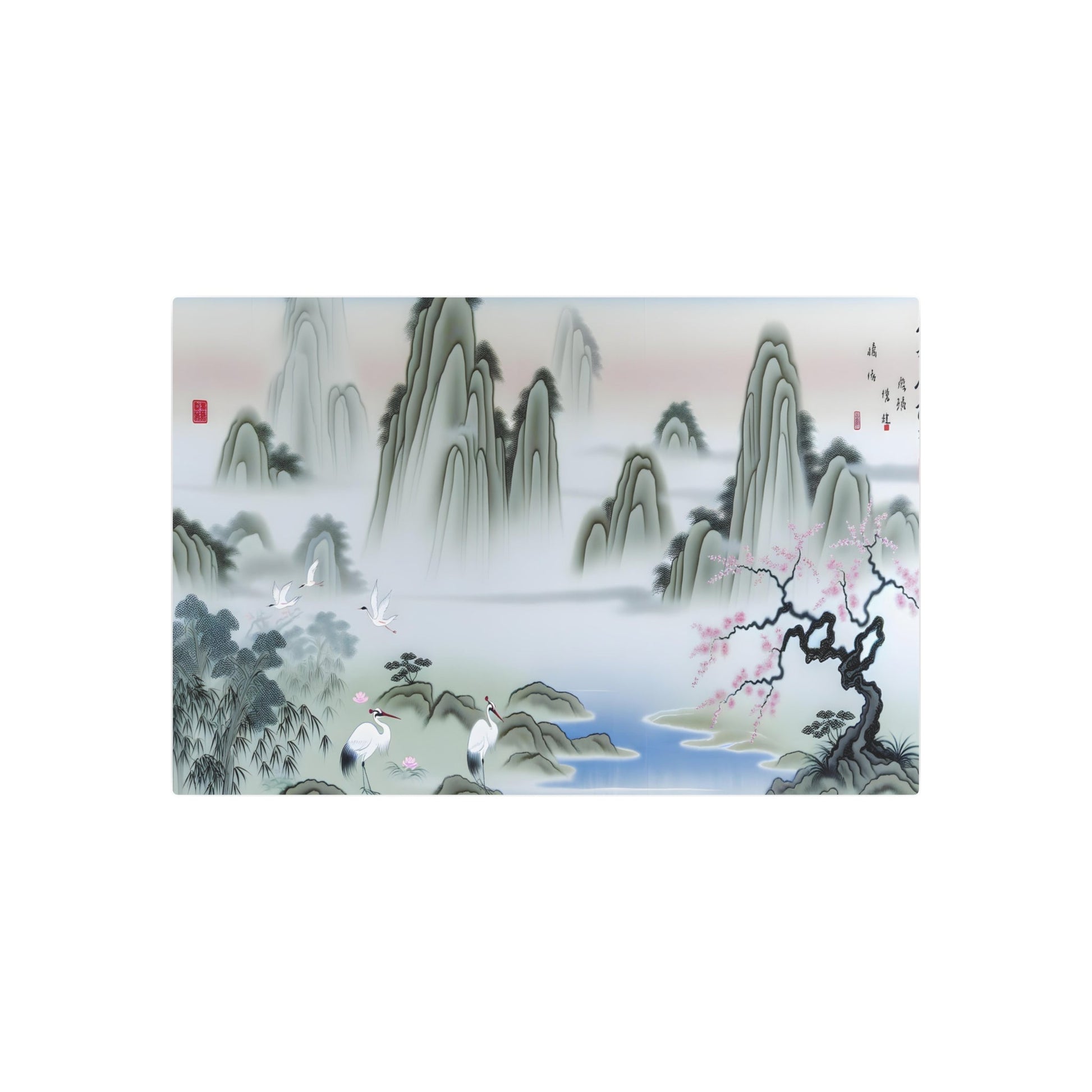 Metal Poster Art | "Traditional Chinese Silk Painting of Serene Landscape with White Cranes, Cherry Blossom Tree & Misty Mountains - Asian Art Styles" - Metal Poster Art 36″ x 24″ (Horizontal) 0.12''