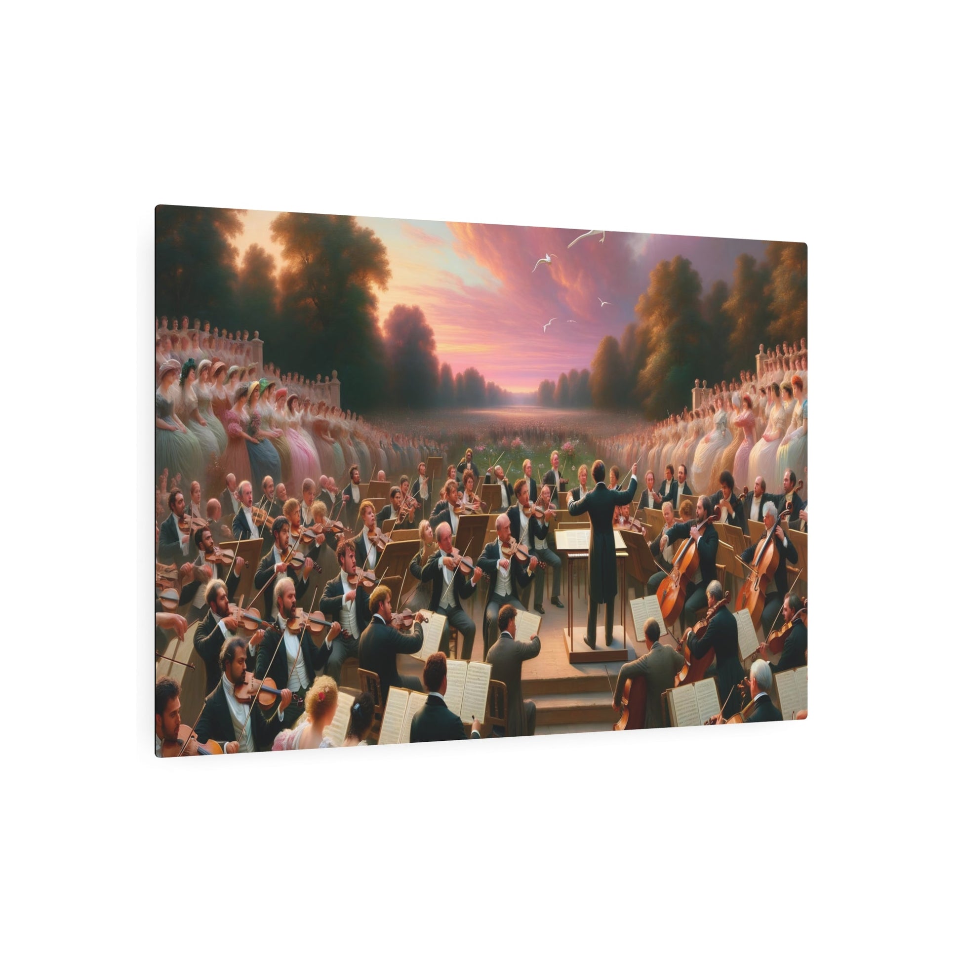 Metal Poster Art | "Romanticism Era Symphony Under Pastel - Pink Sunset - 19th Century Western Art Scene with Orchestra, Grand Piano & Famous Painters" - Metal Poster Art 36″ x 24″ (Horizontal) 0.12''