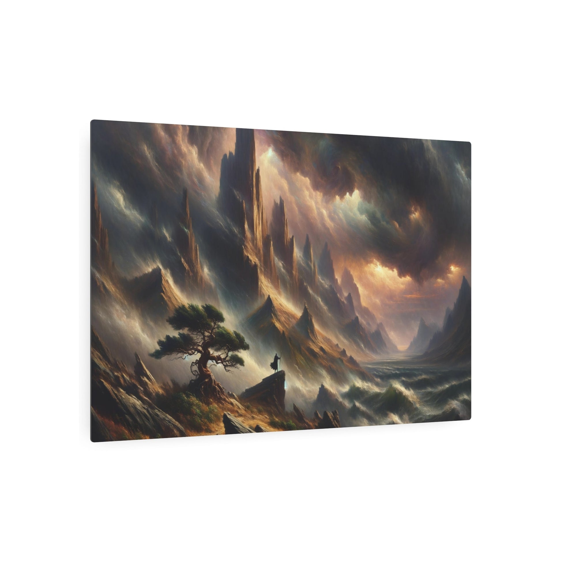 Metal Poster Art | "Romanticism Western Art Style: Dramatic Mountain Landscape with Stormy Sky and Solitary Figure by Tree" - Metal Poster Art 36″ x 24″ (Horizontal) 0.12''