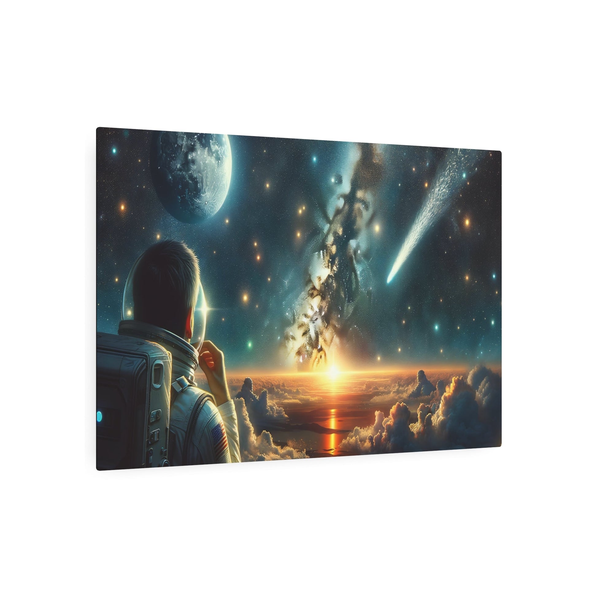 Metal Poster Art | "Realism Western Art Style - Astronaut Under Starry Night Sky with Full Moon and Milky Way - Realistic Canvas Painting of Cosmic Scene" - Metal Poster Art 36″ x 24″ (Horizontal) 0.12''