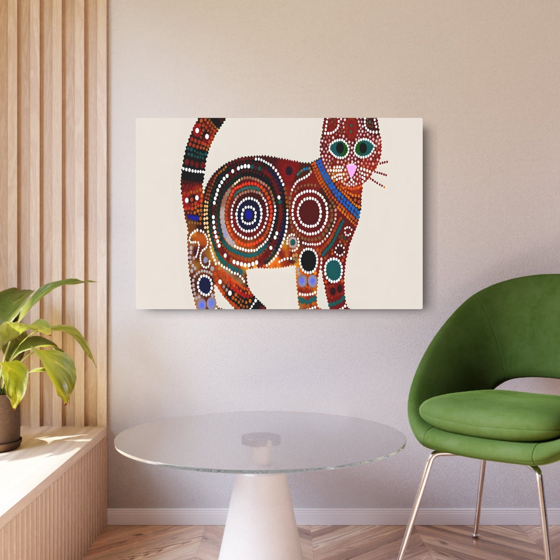 Metal Poster Art | "Australian Aboriginal Art Inspired Vibrant Cat Portrait: Non-Western & Global Styles - Intricate Patterned Aboriginal Artwork" - Metal Poster Art 36″ x 24″ (Horizontal) 0.12''