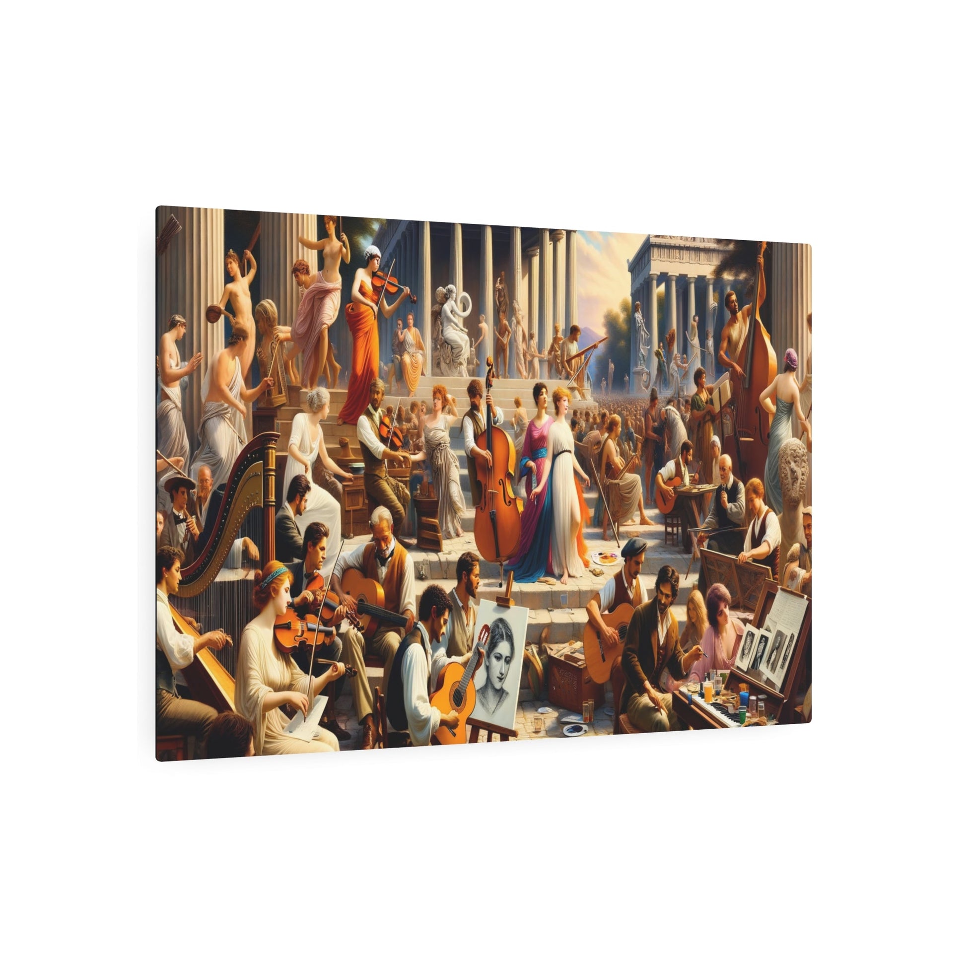 Metal Poster Art | "Neoclassical Art Festival Painting - Vibrant Western Art Styles Depicting Classical Music and Portrait Artists Amidst Greek and Roman Architecture" - Metal Poster Art 36″ x 24″ (Horizontal) 0.12''