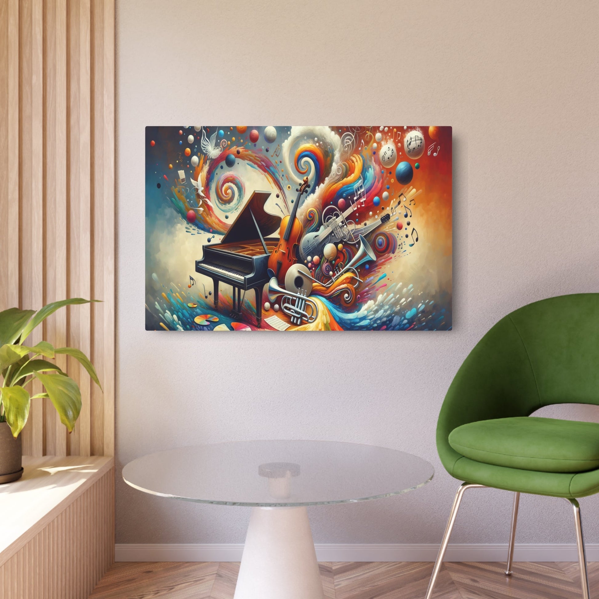 Metal Poster Art | "Modern & Contemporary Digital Art Illustration: Vibrant Fusion of Music and Art with Energetic Instruments and Paint Strokes | Dalle - 3 - Metal Poster Art 36″ x 24″ (Horizontal) 0.12''