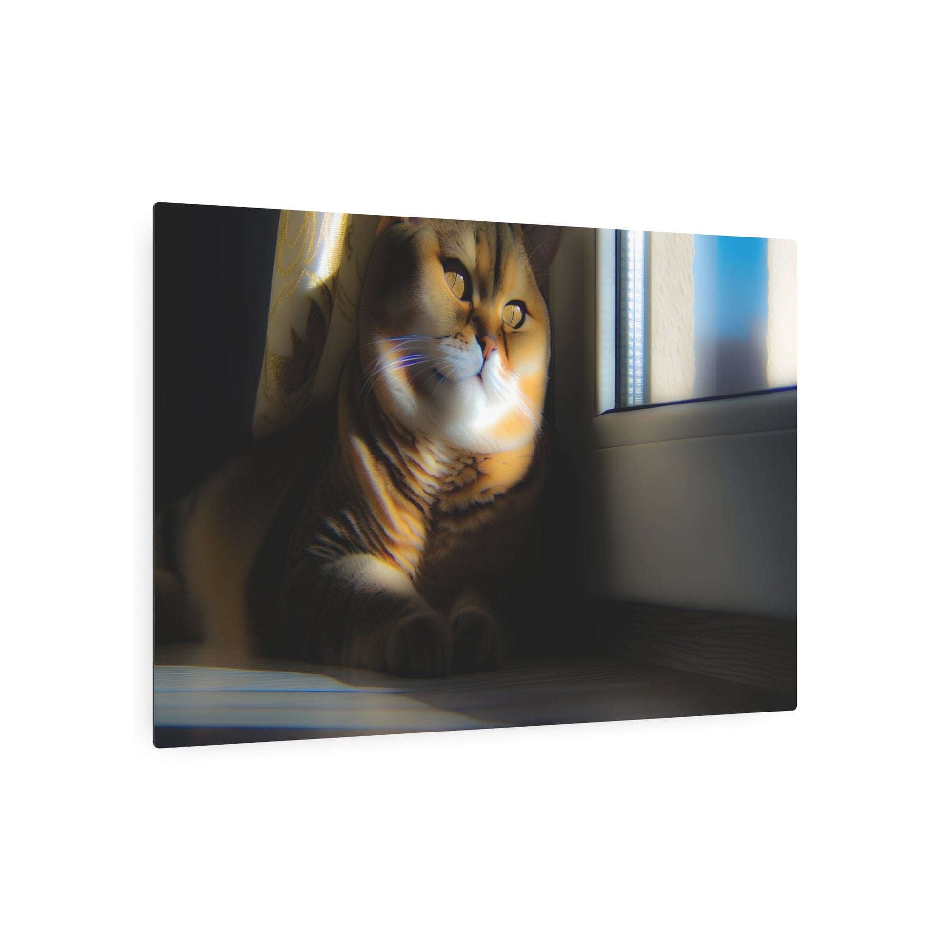 Metal Poster Art | "Realism Art Style - Intricately Detailed Western Art Image of a Cat Lounging in Sunny Window With Sparkling Eyes and Soft Shadows" - Metal Poster Art 36″ x 24″ (Horizontal) 0.12''