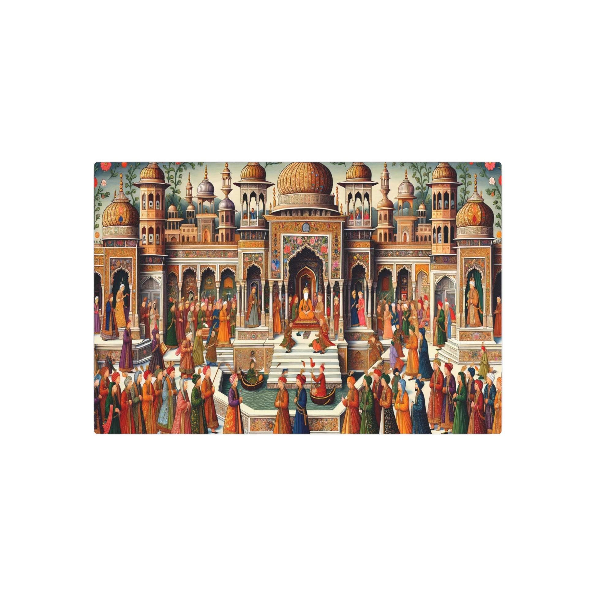 Metal Poster Art | "Historical Mughal Court Life Scene - Vibrant South Asian Mughal Miniature Art with Intricate Designs and Floral Patterns" - Metal Poster Art 36″ x 24″ (Horizontal) 0.12''