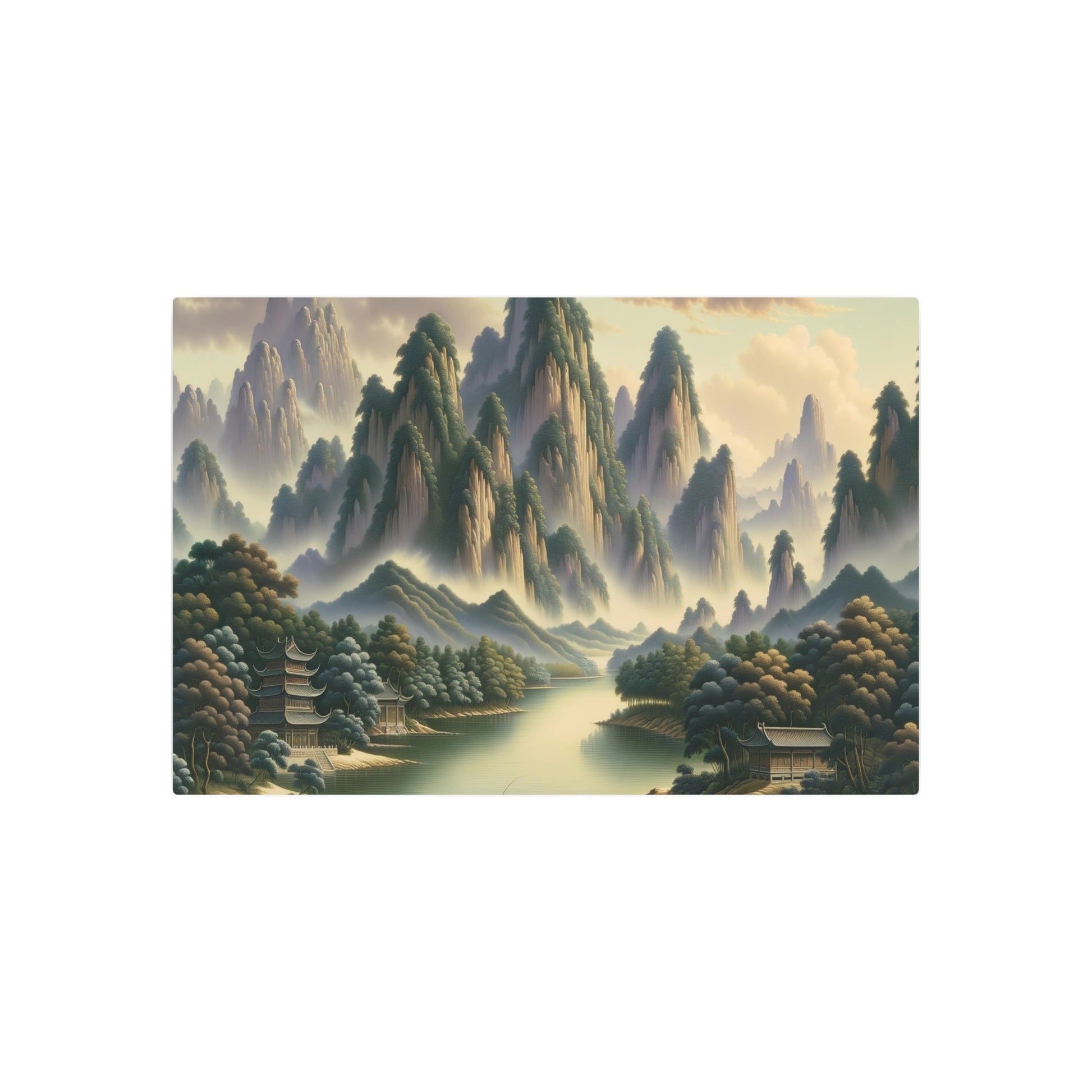 Metal Poster Art | "Traditional Chinese Landscape Art - Asian Art Styles Collection: Majestic Mountains, Serene Rivers, Ancient Temples Painting" - Metal Poster Art 36″ x 24″ (Horizontal) 0.12''