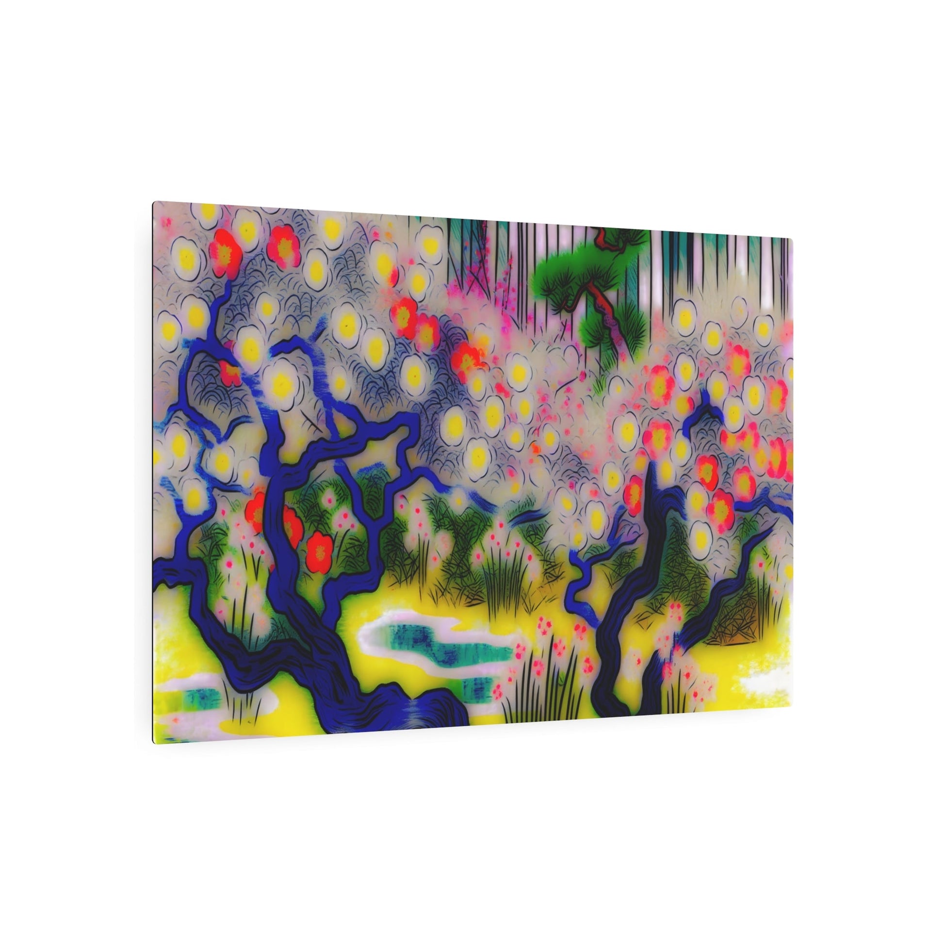 Metal Poster Art | "Kano School Inspired Japanese Art - Serene Flourishing Garden Scene with Dynamic Movement - Asian Art Styles" - Metal Poster Art 36″ x 24″ (Horizontal) 0.12''