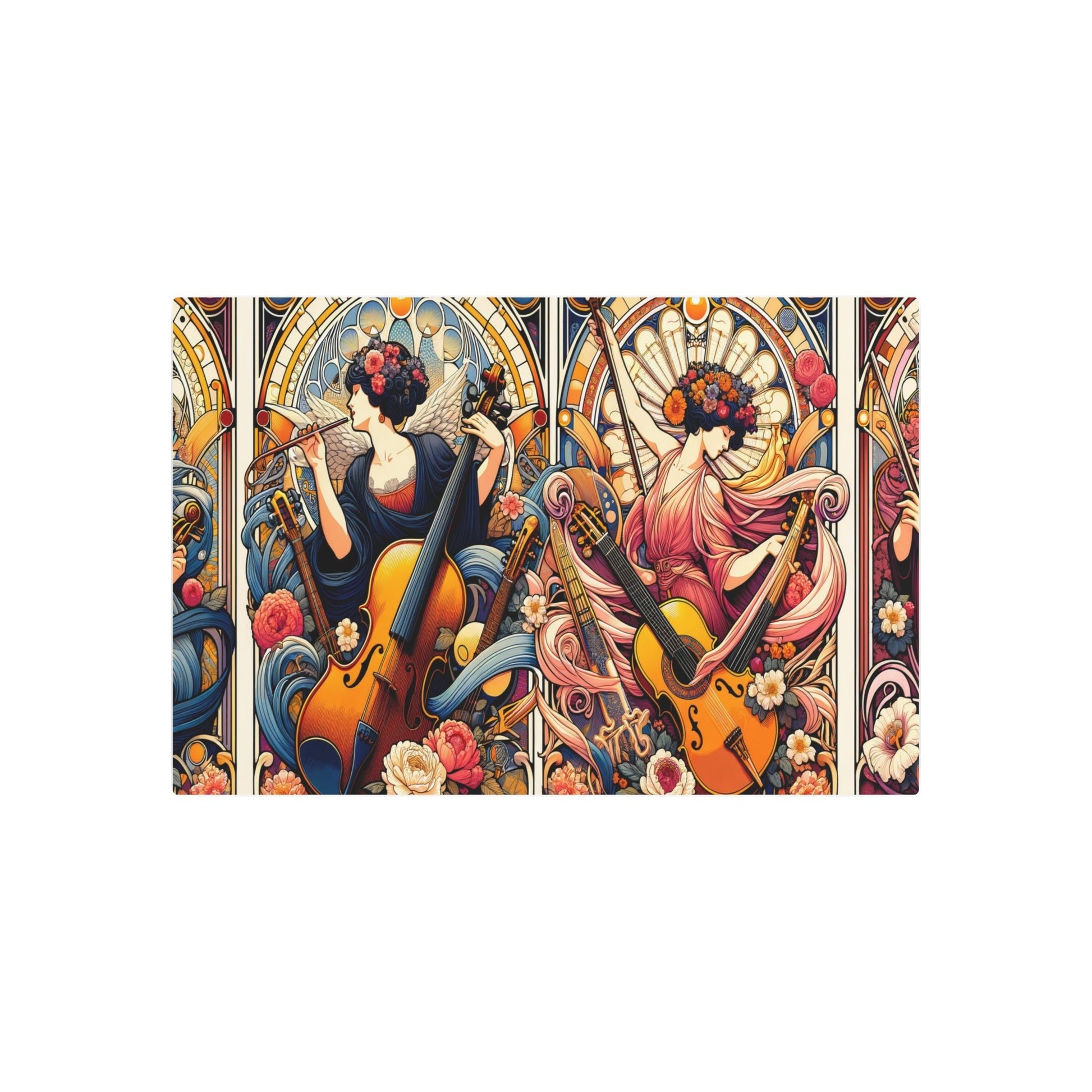 Metal Poster Art | "Art Nouveau Style Fusion of Music and Art Illustration - Violins, Guitars, Pianos Merging into Artwork with Flowers - Metal Poster Art 36″ x 24″ (Horizontal) 0.12''