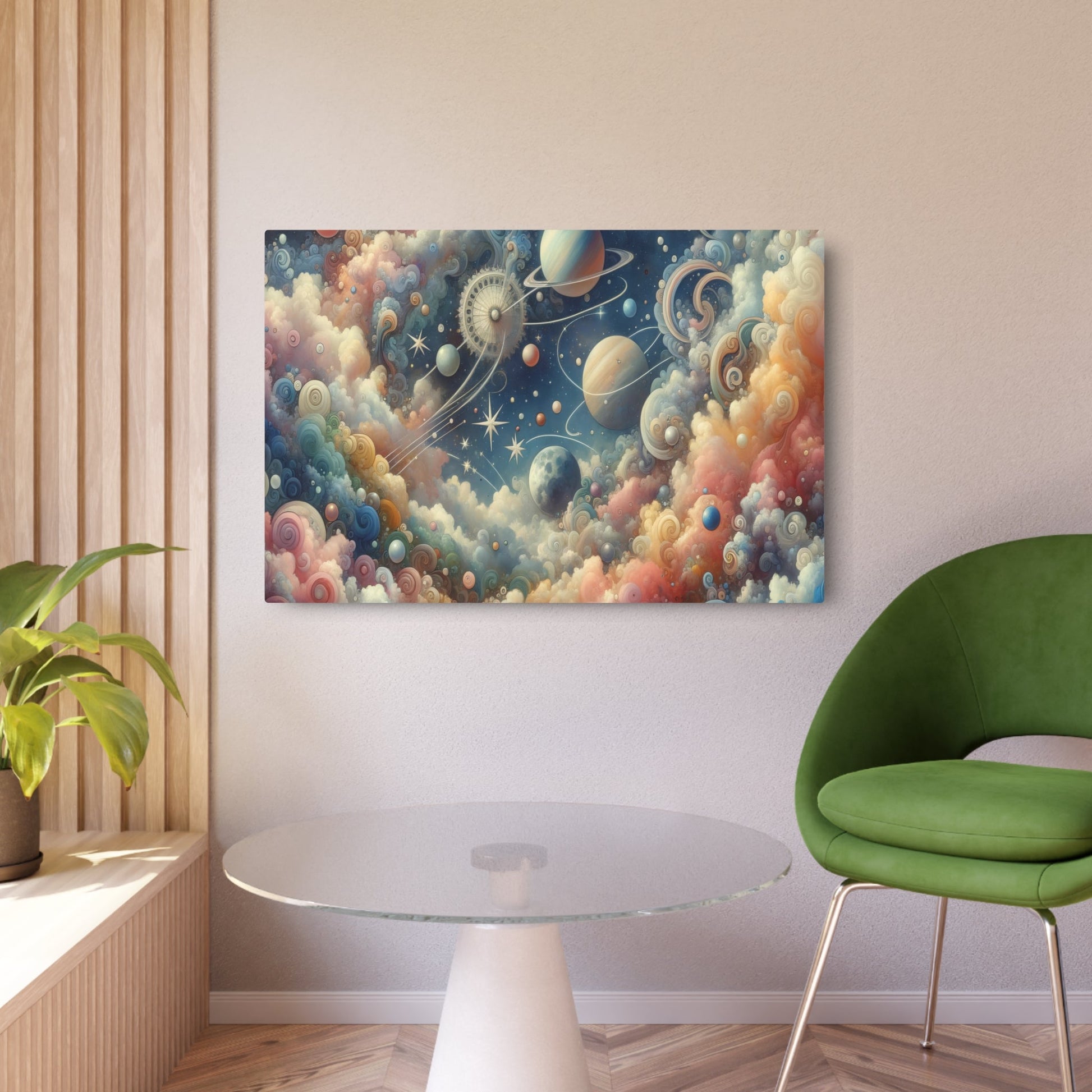 Metal Poster Art | "Rococo Western Art Style - Celestial Bodies Themed Painting Featuring Stars, Planets, and Galaxies" - Metal Poster Art 36″ x 24″ (Horizontal) 0.12''