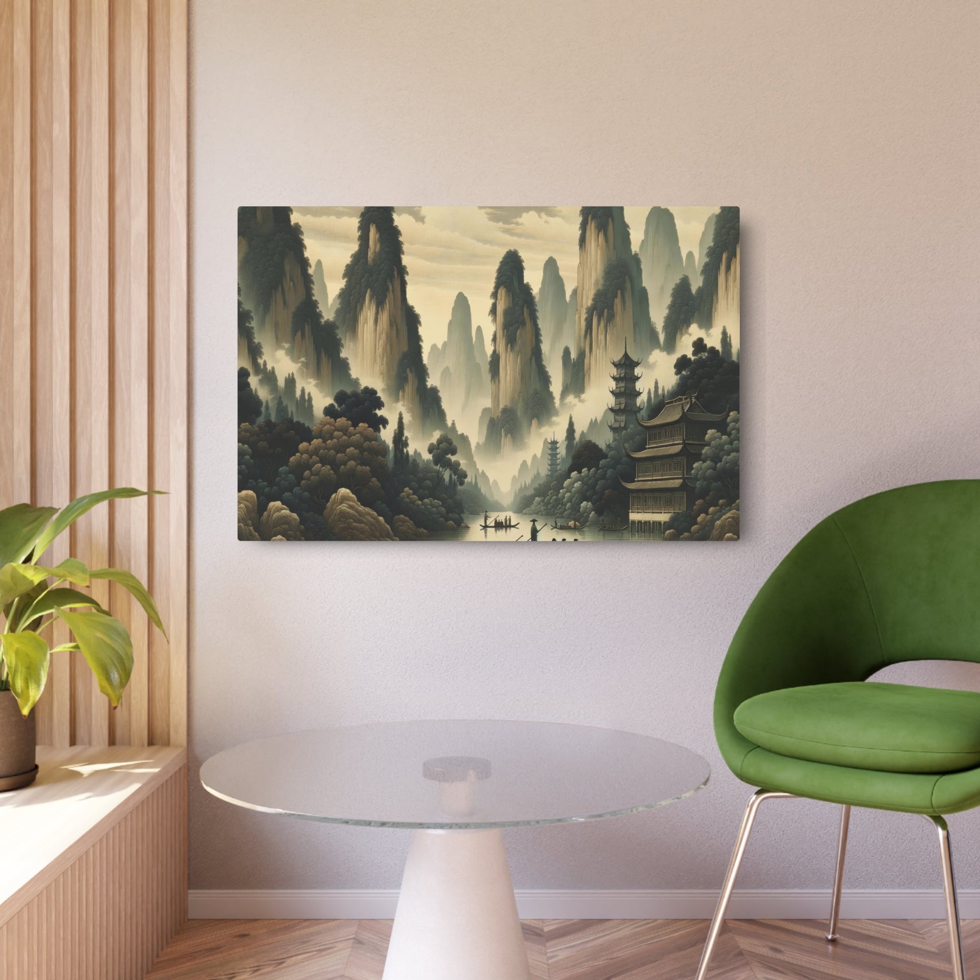 Metal Poster Art | "Traditional Chinese Landscape Artwork with Misty Mountains, Serene River, and Classical Pagodas in Subtle Tones - Asian Art Styles, - Metal Poster Art 36″ x 24″ (Horizontal) 0.12''