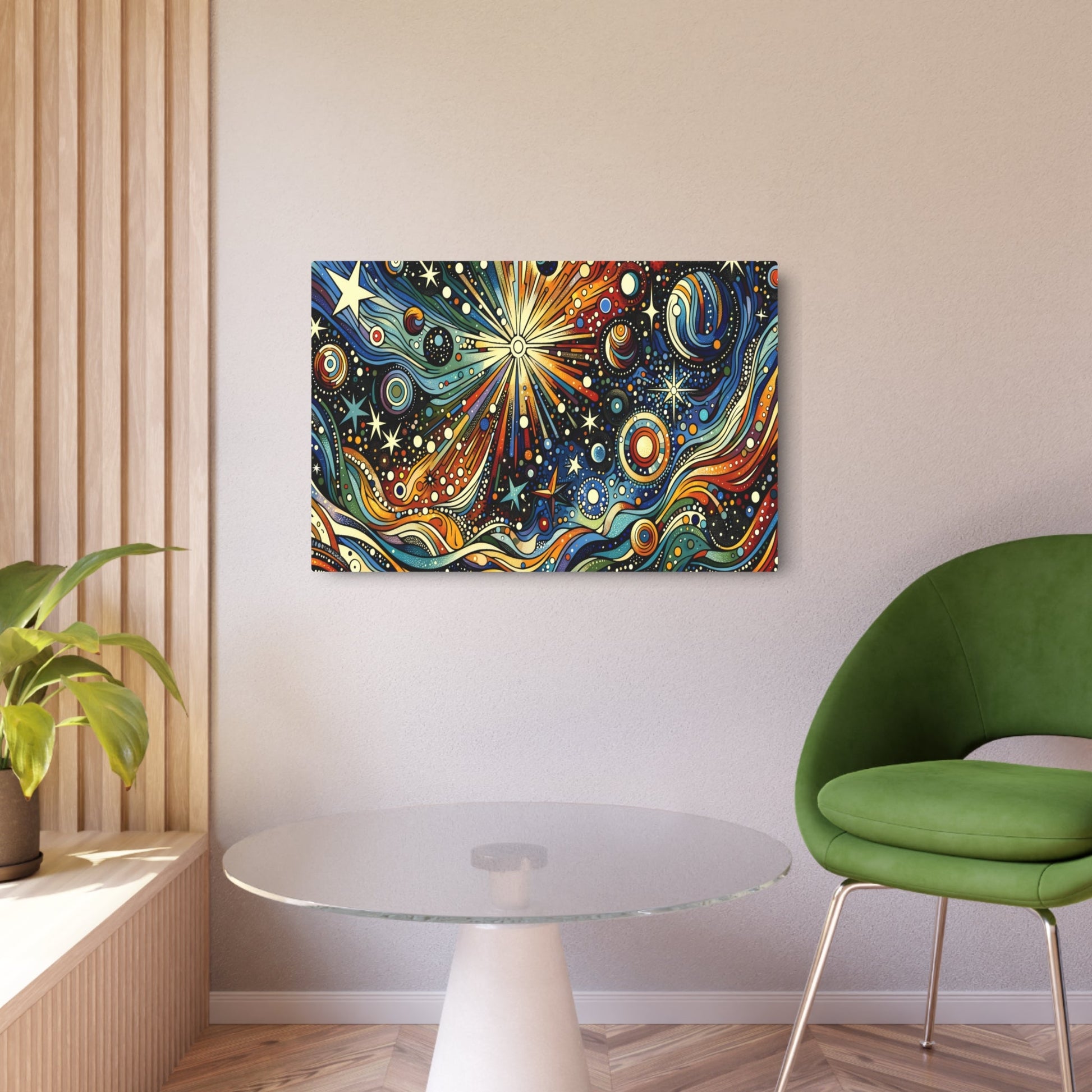 Metal Poster Art | "Modern Pop Art Style Celestial Scene Canvas - Bold Contrasting Colors with Comic Strip Techniques, Stars, Planets, and Galaxies Wall Art" - Metal Poster Art 36″ x 24″ (Horizontal) 0.12''