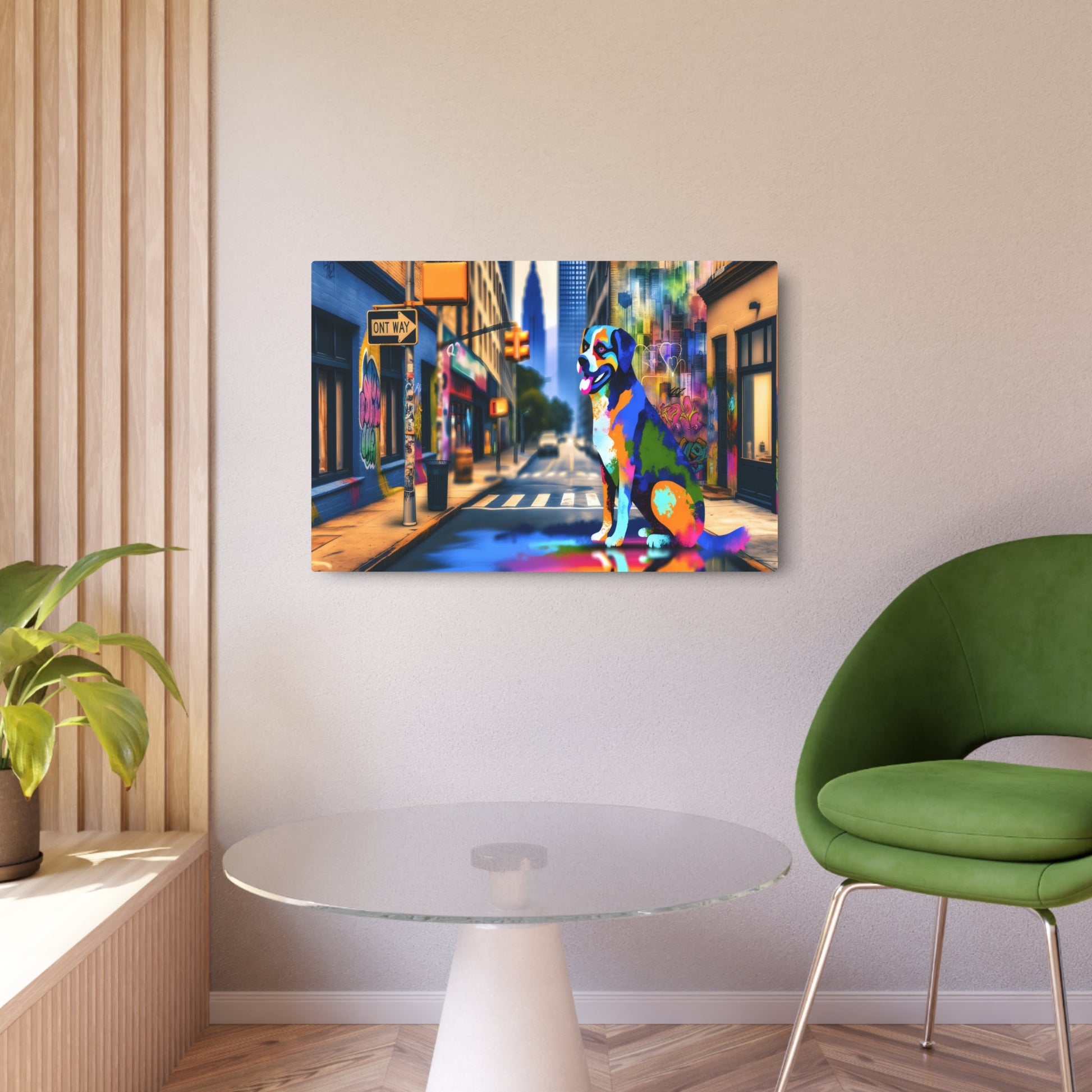 Metal Poster Art | "Modern Street Art - Vibrant Dog Centerpiece in Dynamic Cityscape, Contemporary Urban Style Wall Art" - Metal Poster Art 36″ x 24″ (Horizontal) 0.12''