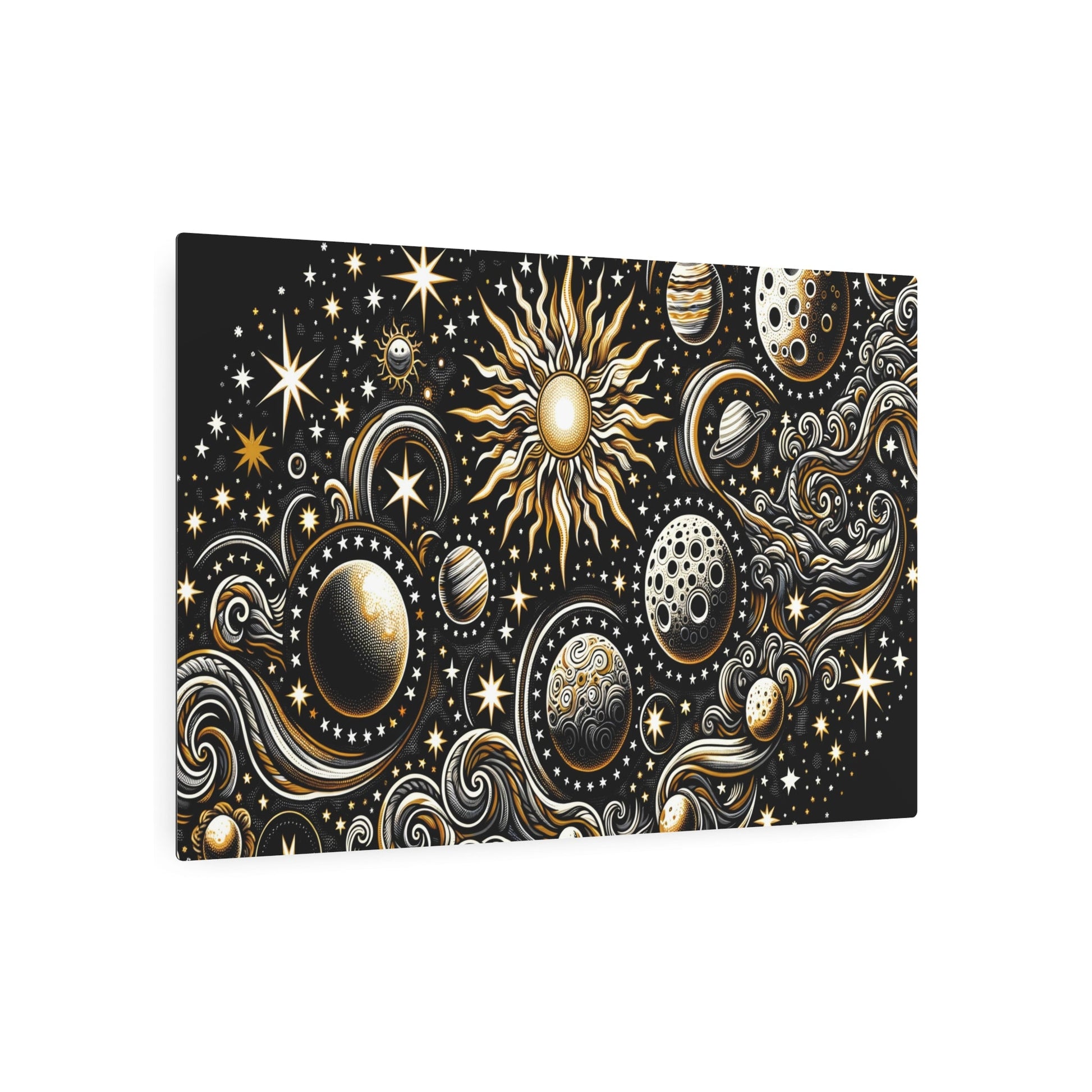 Metal Poster Art | "Indonesian Batik Artwork with Celestial Bodies - Handcrafted Sun, Moon, Stars and Planets Design in Non - Western & Global - Metal Poster Art 36″ x 24″ (Horizontal) 0.12''