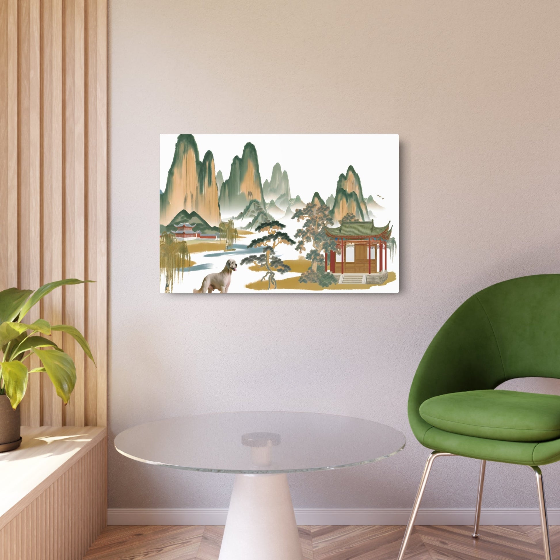 Metal Poster Art | "Traditional Chinese Landscape Painting with Dog, Asian Art Style - Mountain River Trees and Ancient Architecture Design" - Metal Poster Art 36″ x 24″ (Horizontal) 0.12''