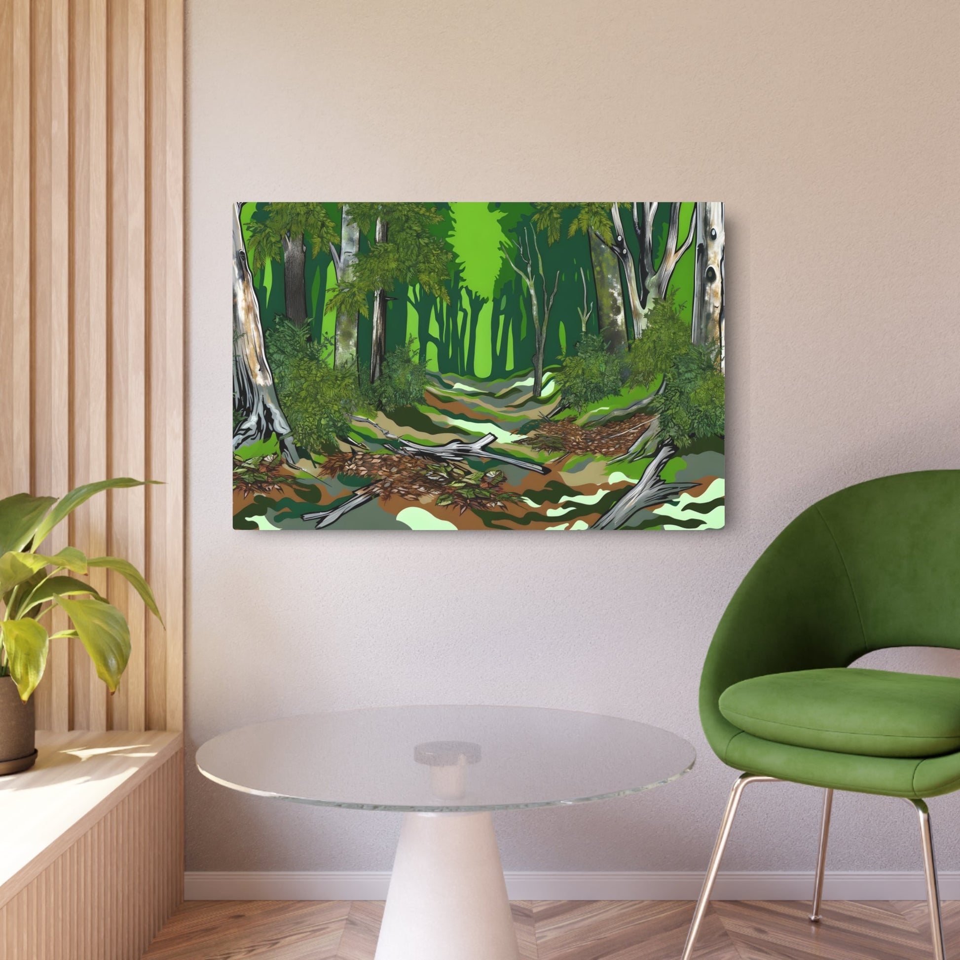 Metal Poster Art | "Vibrant Street Art Style Mural - Modern & Contemporary Forest Scene with Rich Green Hues and Detailed Texture - Immersive Urban Jungle" - Metal Poster Art 36″ x 24″ (Horizontal) 0.12''