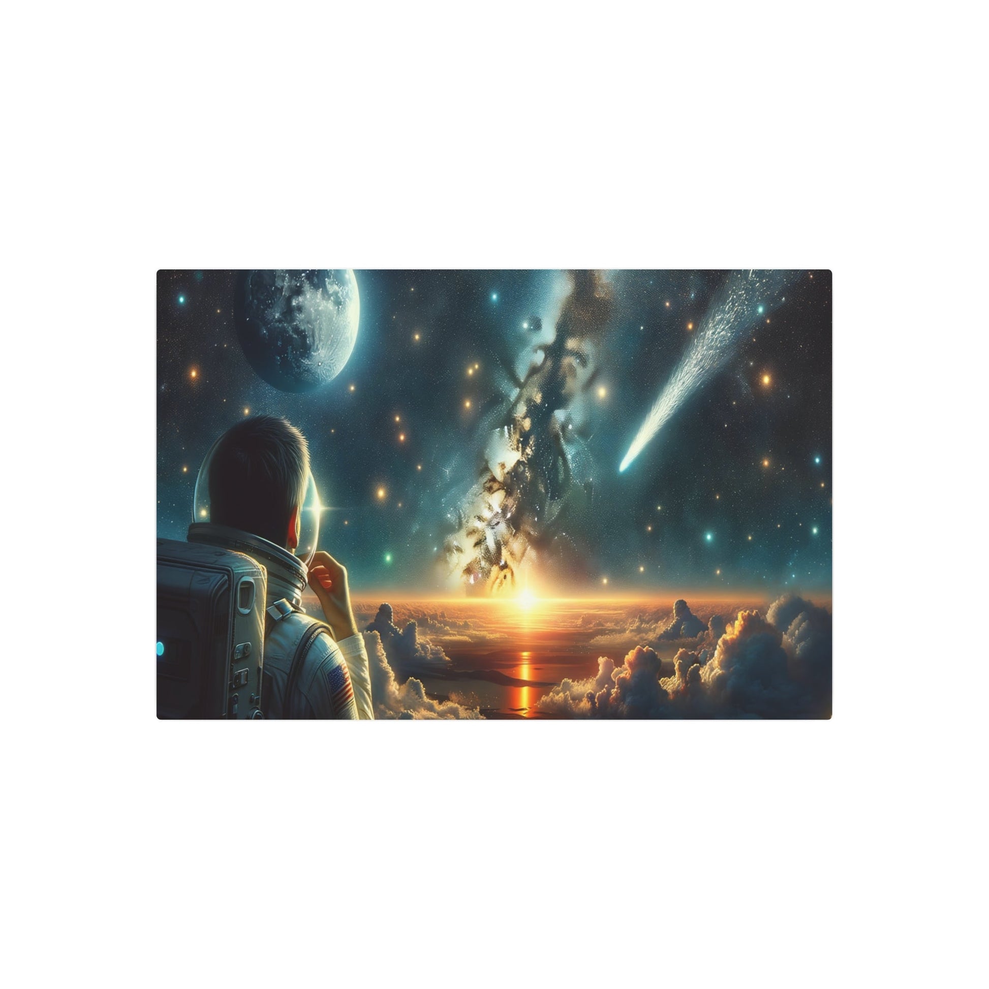 Metal Poster Art | "Realism Western Art Style - Astronaut Under Starry Night Sky with Full Moon and Milky Way - Realistic Canvas Painting of Cosmic Scene" - Metal Poster Art 36″ x 24″ (Horizontal) 0.12''