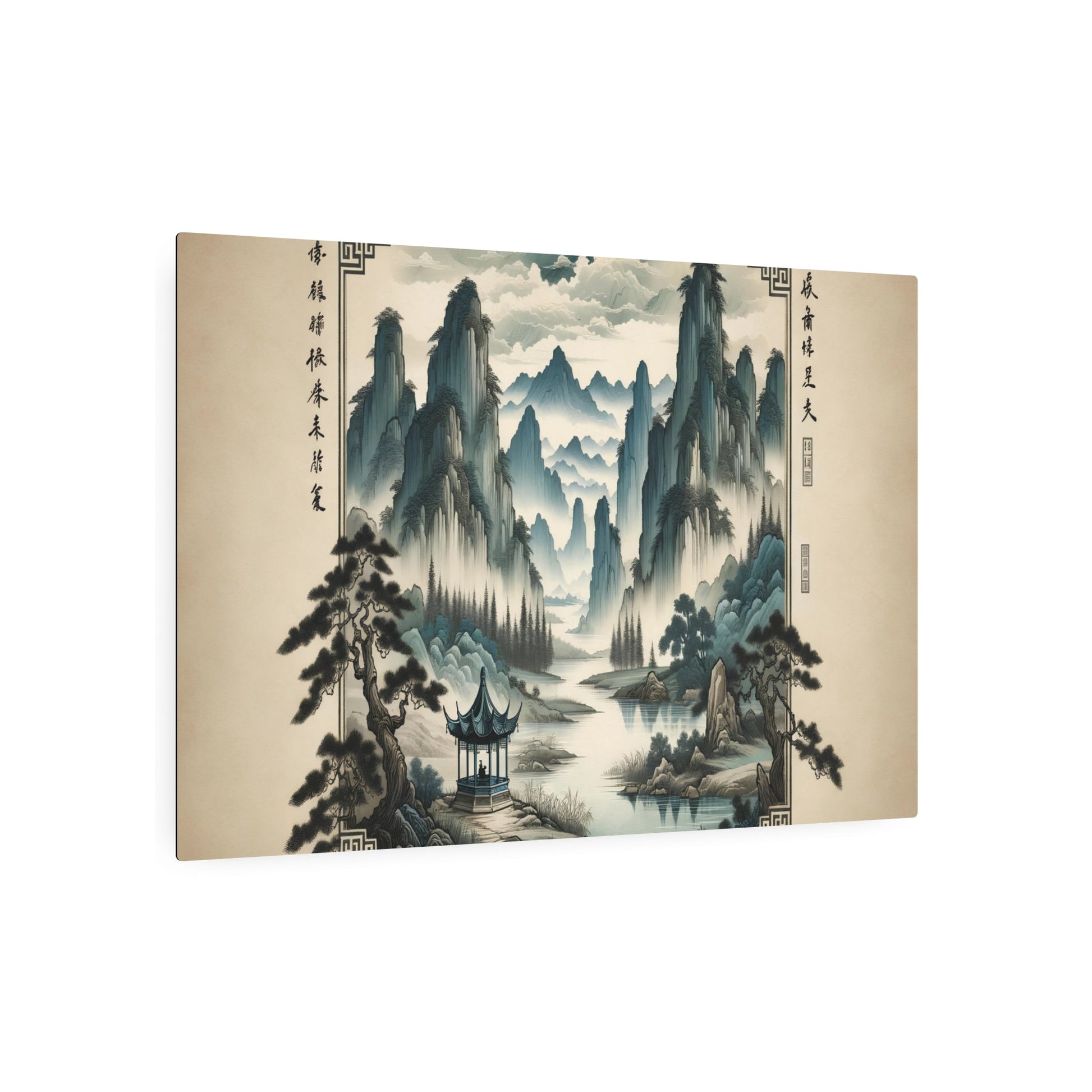 Metal Poster Art | "Traditional Chinese Landscape Artwork - Handmade Asian Art Style Painting with Mountains, Rivers, Trees and Pavilion" - Metal Poster Art 36″ x 24″ (Horizontal) 0.12''