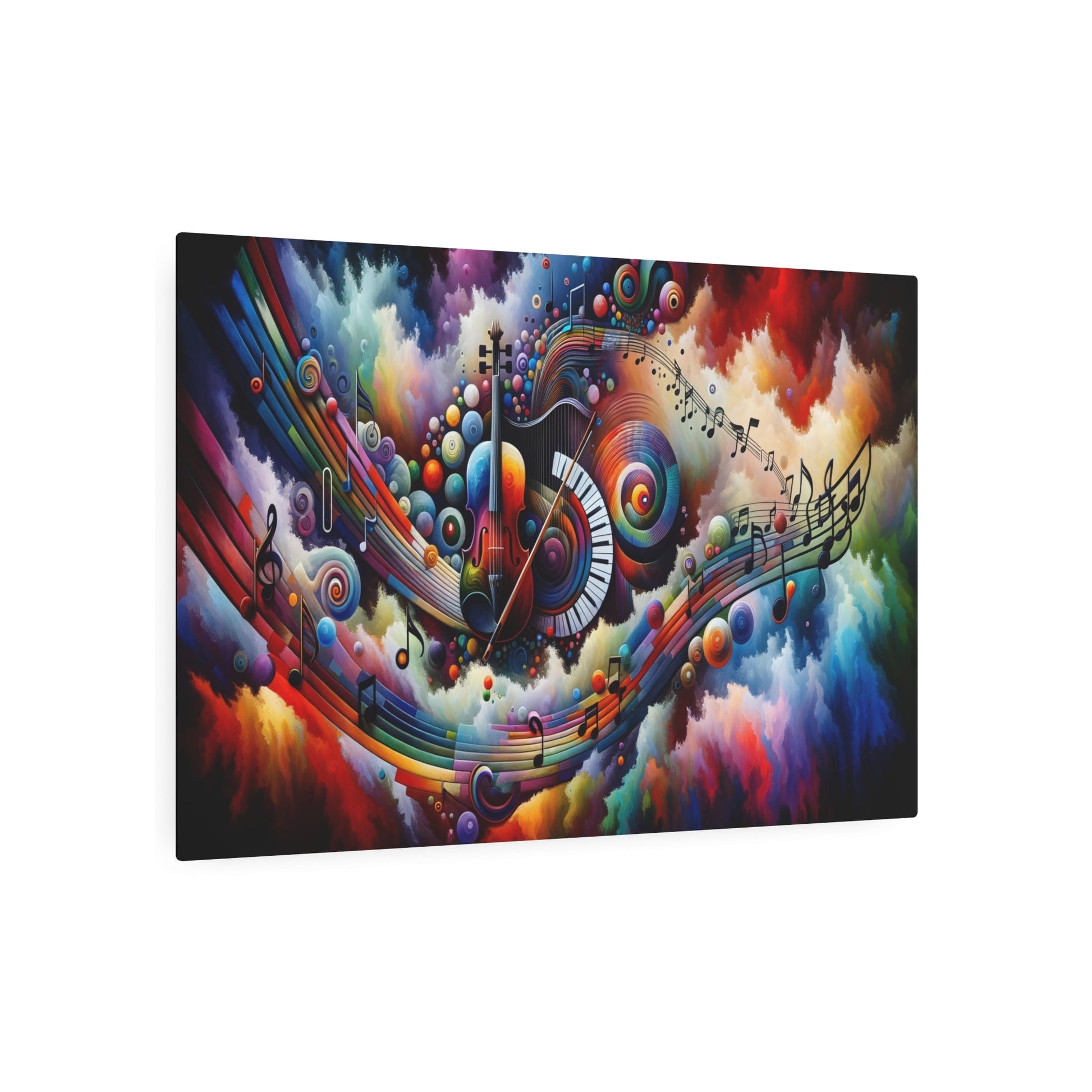 Metal Poster Art | "Modern & Contemporary Digital Art: Harmonious Fusion of Music and Kaleidoscopic Colors - Musical Instruments, Notes & Sound Waves Imagery" - Metal Poster Art 36″ x 24″ (Horizontal) 0.12''