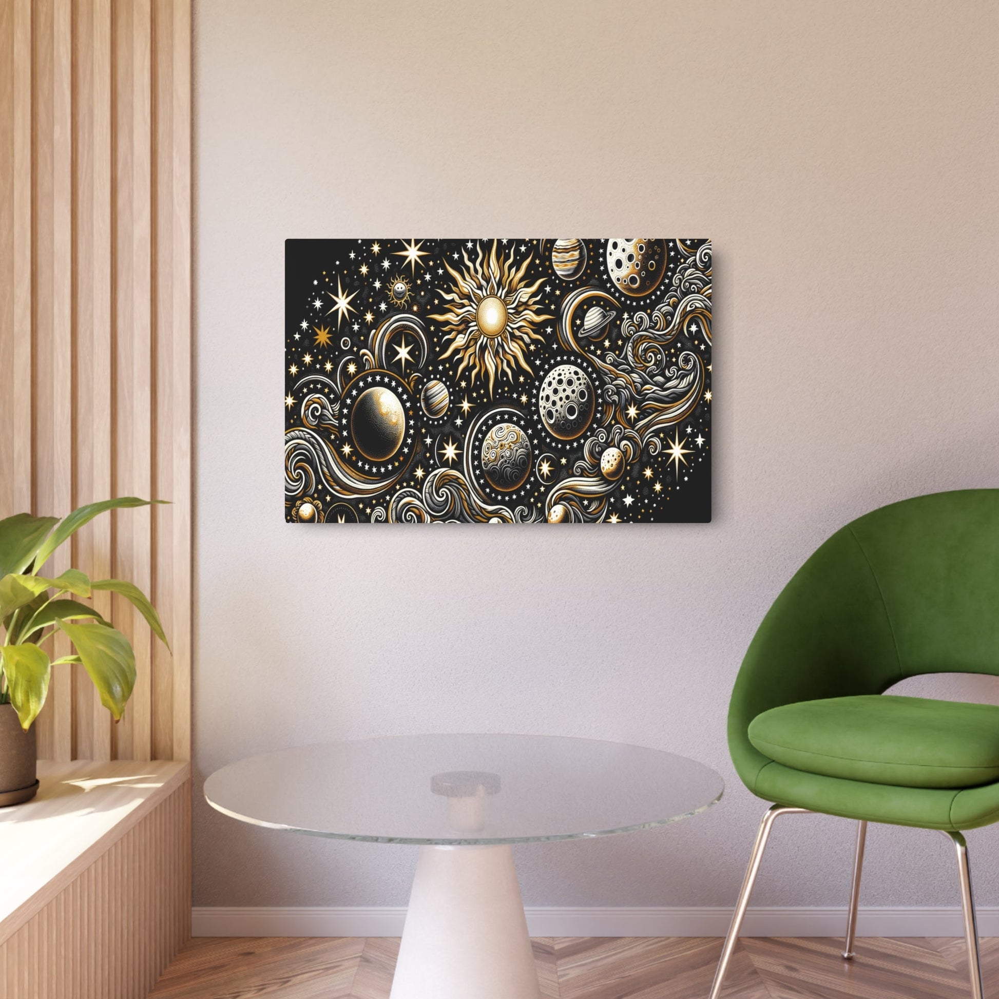 Metal Poster Art | "Indonesian Batik Artwork with Celestial Bodies - Handcrafted Sun, Moon, Stars and Planets Design in Non - Western & Global - Metal Poster Art 36″ x 24″ (Horizontal) 0.12''