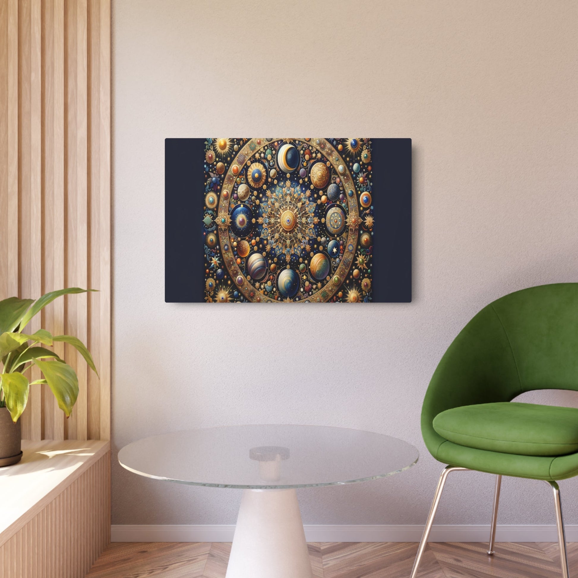 Metal Poster Art | "Mughal Miniature Artwork: Celestial Scene of Sun, Moon, Stars & Comets - Hand - painted with Gold and Precious Stones - Metal Poster Art 36″ x 24″ (Horizontal) 0.12''