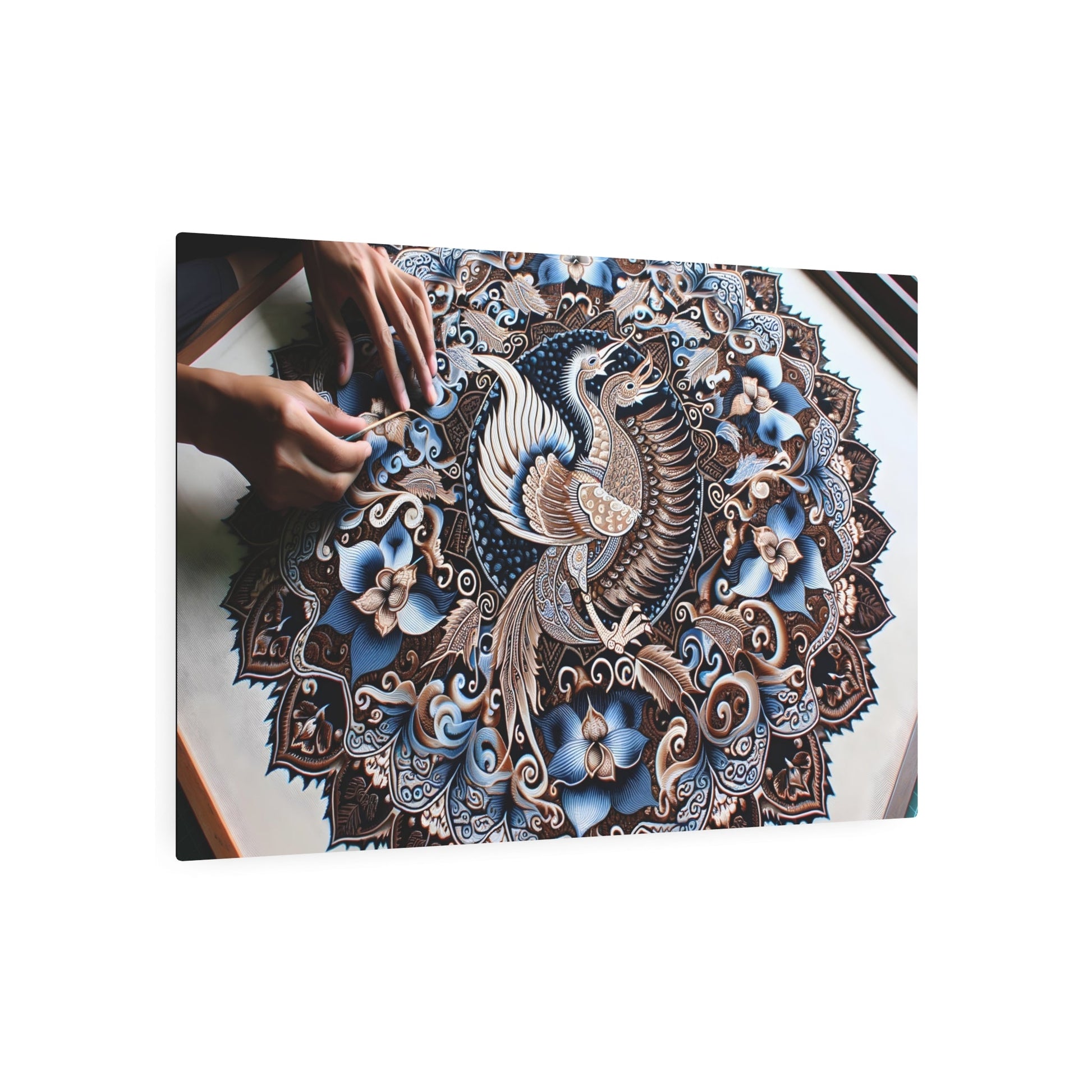 Metal Poster Art | "Indonesian Batik - Inspired Intricate Artwork with Traditional Symbols in Deep Indigo and Brown - Non - Western & Global Styles Art - Metal Poster Art 36″ x 24″ (Horizontal) 0.12''