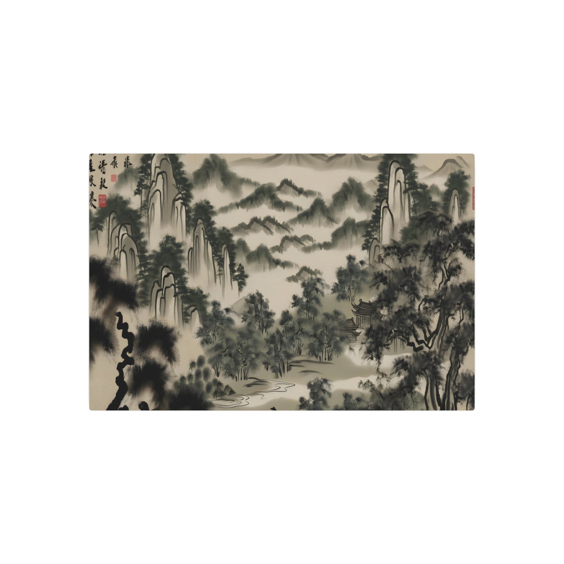 Metal Poster Art | "Traditional Chinese Landscape Art - Enchanting Forests and Lush Trees, Hand-Painted Ink Wash in Asian Art Styles, Sub-category: Chinese - Metal Poster Art 36″ x 24″ (Horizontal) 0.12''