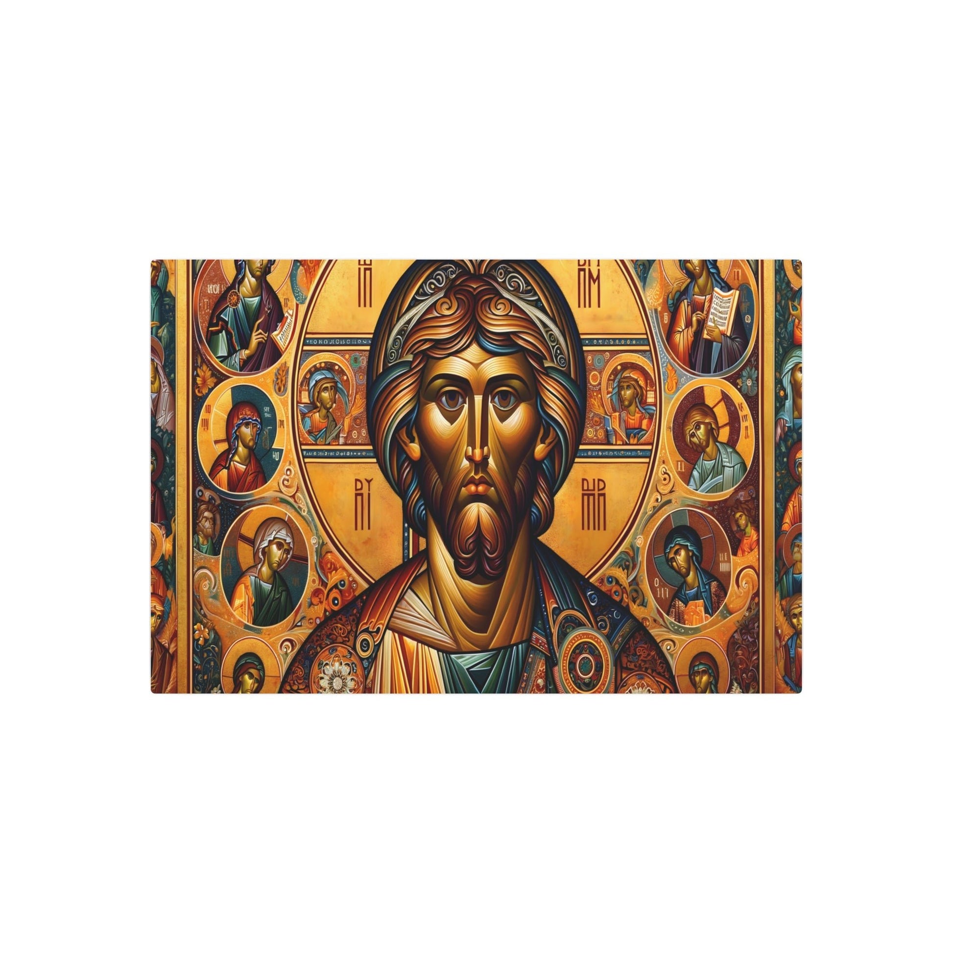 Metal Poster Art | "Richly Colored Byzantine Art Style Image: Flat Stylized Figures with Long Noses, Large Eyes in Vibrant Gold - Non - West - Metal Poster Art 36″ x 24″ (Horizontal) 0.12''