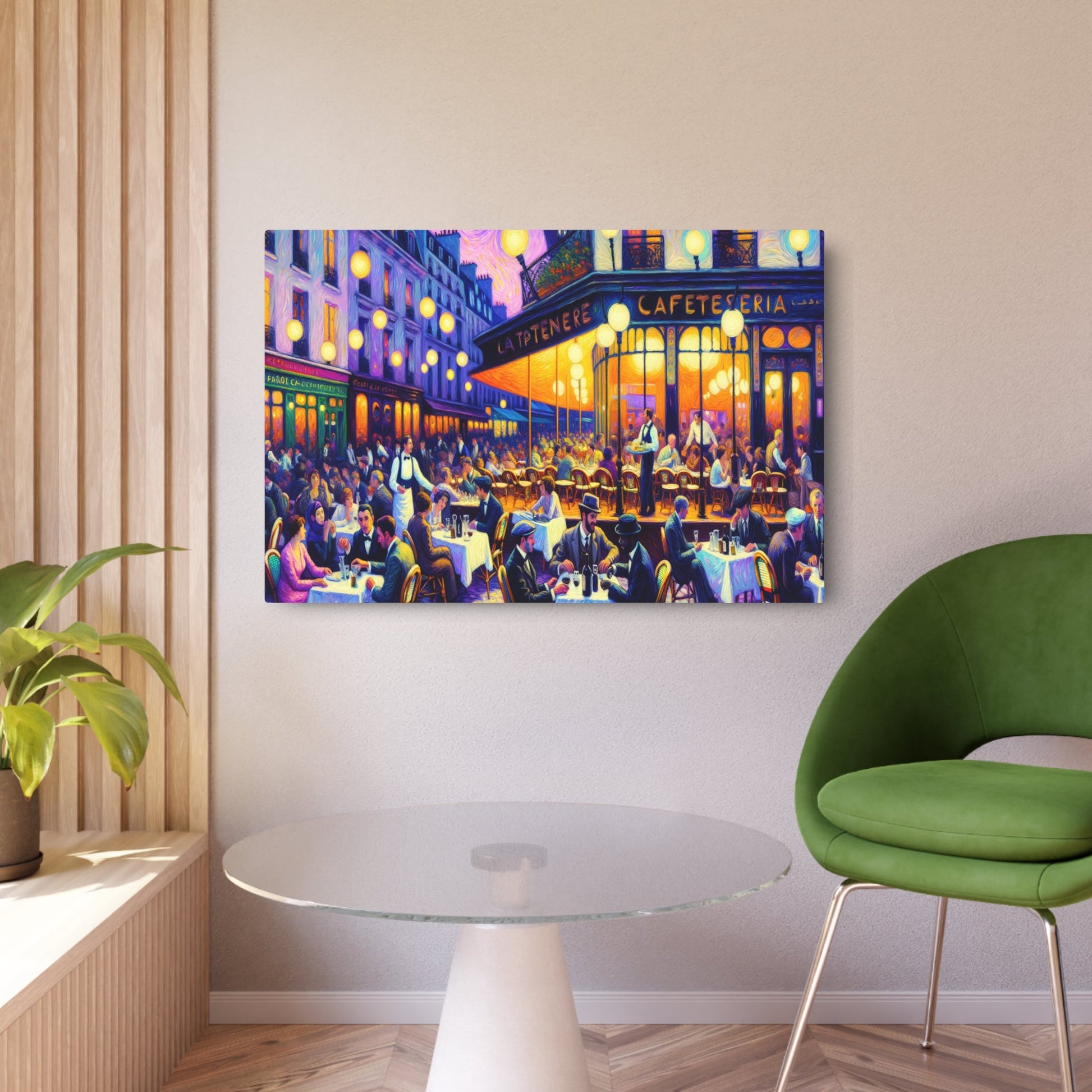 Metal Poster Art | "Post - Impressionist Evening in Paris Cafe Scene - Vibrant Western Art Style Using Distinctive Brush Strokes" - Metal Poster Art 36″ x 24″ (Horizontal) 0.12''