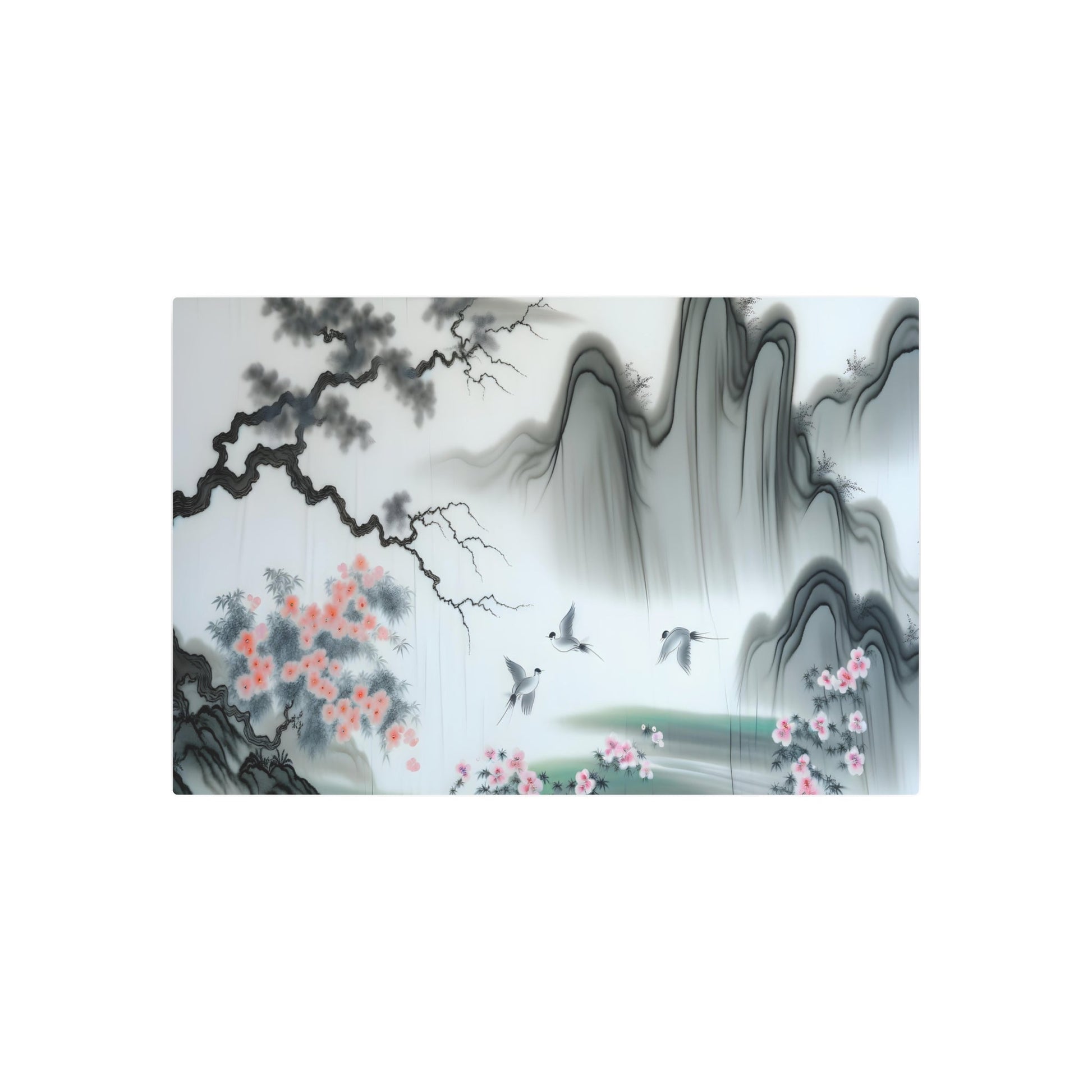 Metal Poster Art | "Traditional Chinese Silk Painting: Vibrant Landscapes and Delicate Flora in Elegant Muted Tones - Asian Art Styles" - Metal Poster Art 36″ x 24″ (Horizontal) 0.12''