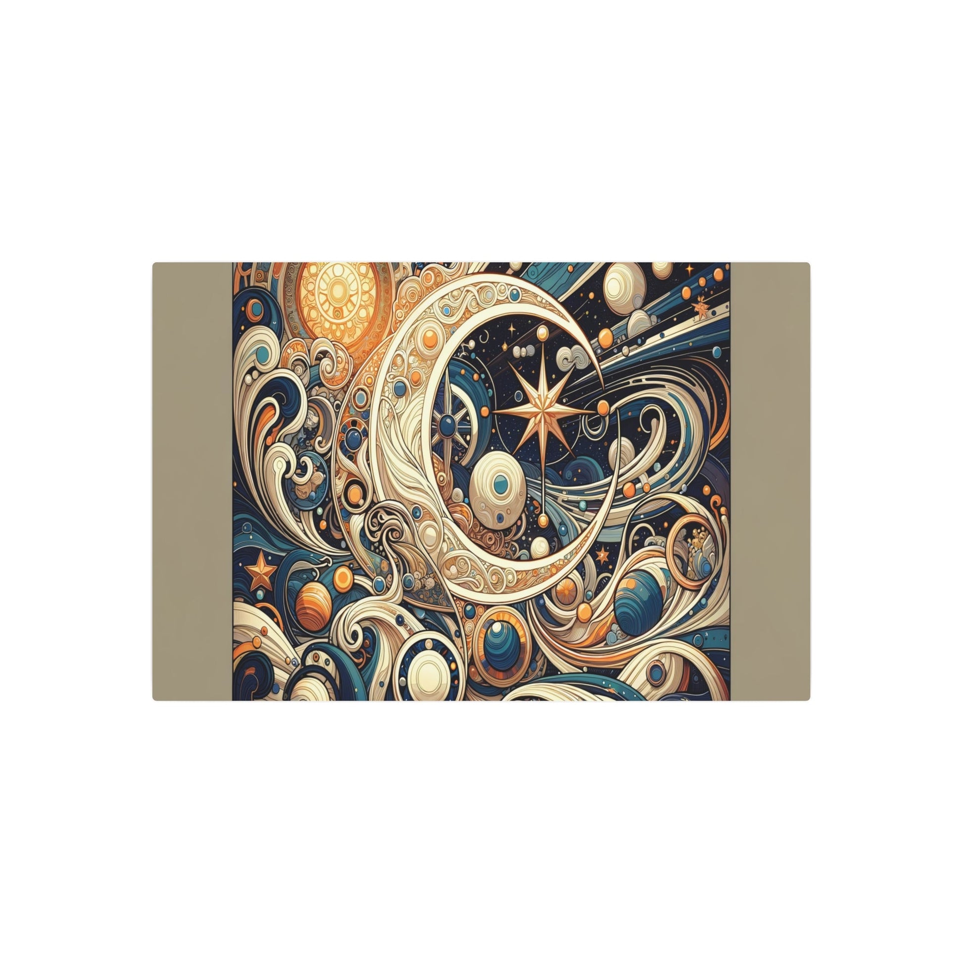 Metal Poster Art | "Art Nouveau Celestial Body Themed Illustration - Vibrant Western Art Style with Crescent Moons, Stars, Planets and Comets in - Metal Poster Art 36″ x 24″ (Horizontal) 0.12''