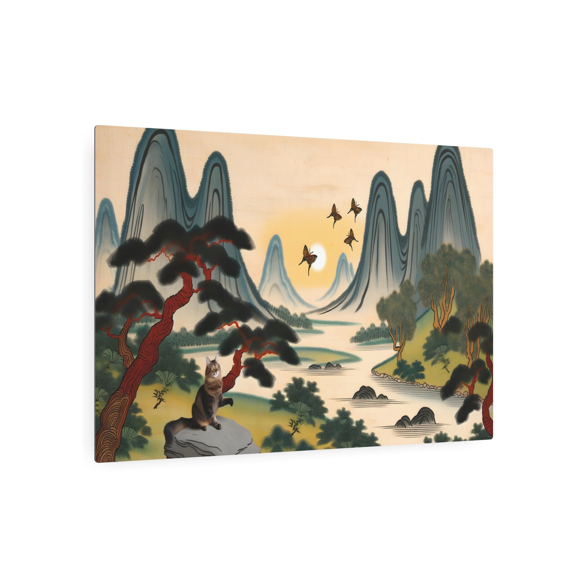 Metal Poster Art | "Playful Cat in Traditional Chinese Landscape Painting - Asian Art Styles, Chinese Landscape Art with Mountains, Rivers & Sunset" - Metal Poster Art 36″ x 24″ (Horizontal) 0.12''