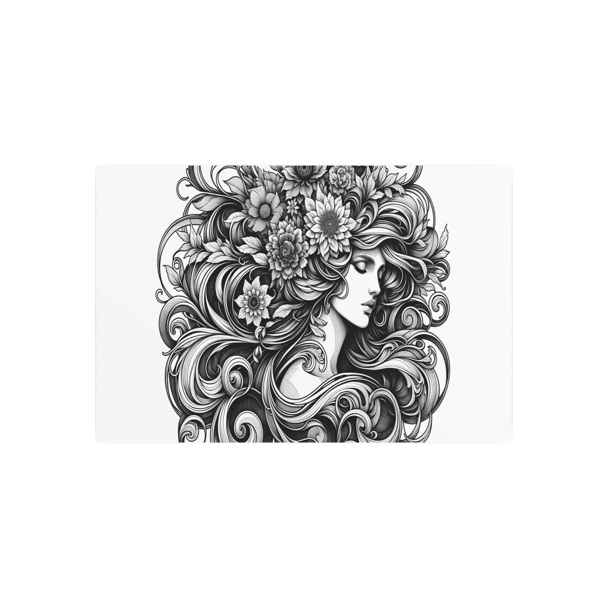 Metal Poster Art | "Art Nouveau Style Western Art - Mystical Woman with Floral Adorned Hair in Intricate Nature - Inspired Illustration" - Metal Poster Art 36″ x 24″ (Horizontal) 0.12''