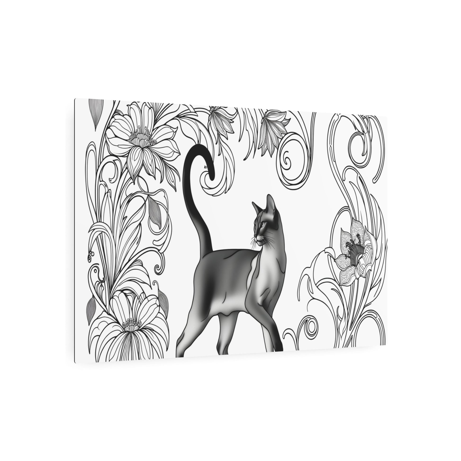 Metal Poster Art | "Art Nouveau Western Art Style - Elegant Cat Amidst Intricate Floral Patterns" - Metal Poster Art 36″ x 24″ (Horizontal) 0.12''