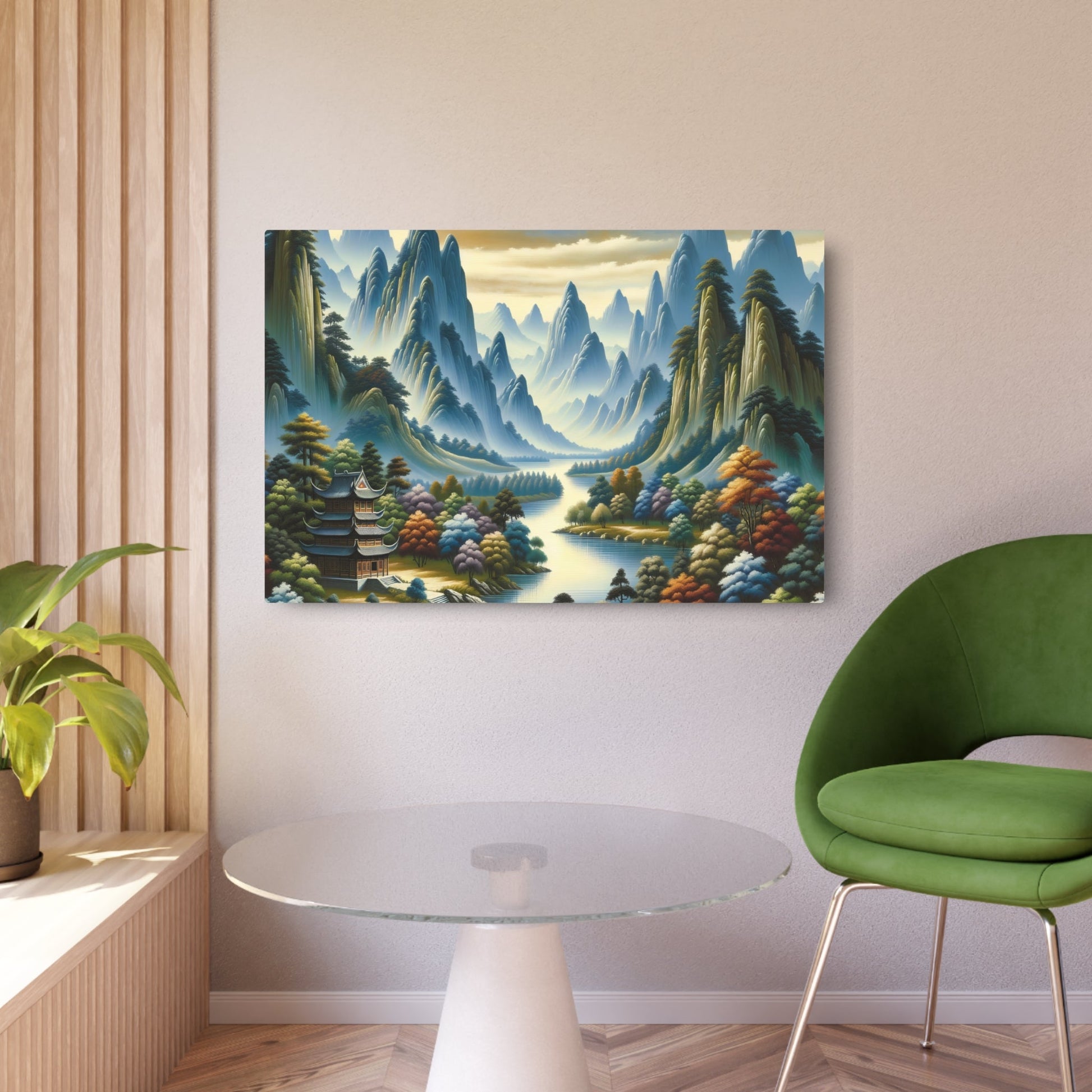 Metal Poster Art | "Traditional Chinese Landscape Art: Stunning Handmade Painting of Mountains, Rivers, Trees and Ancient Temple - Authentic Asian Art Styles Collection" - Metal Poster Art 36″ x 24″ (Horizontal) 0.12''