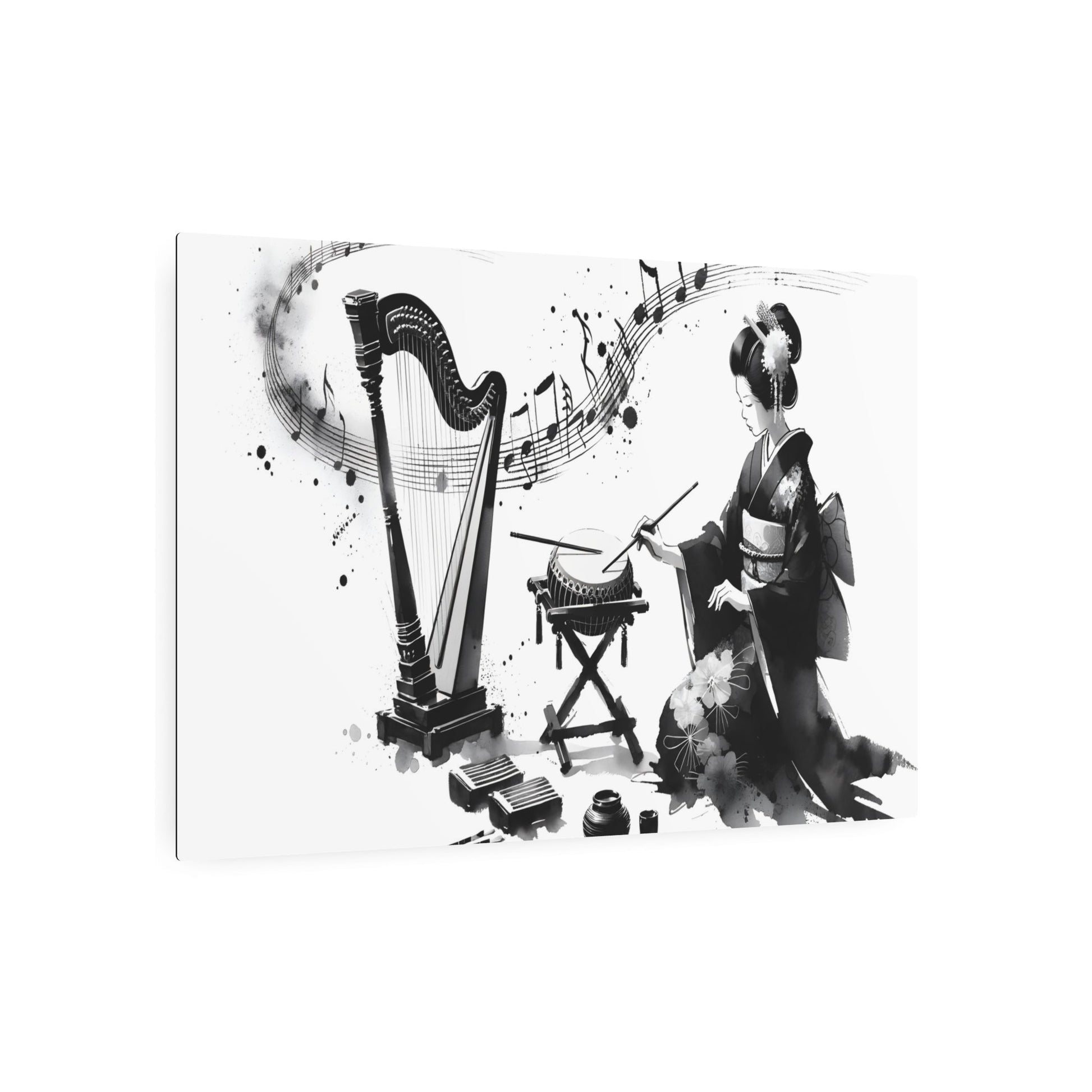 Metal Poster Art | "Artistic Fusion of Music & Art: Sumi - e Style Japanese Ink Wash Painting featuring Traditional Instruments and Brush Strokes - Elegance and Depth - Metal Poster Art 36″ x 24″ (Horizontal) 0.12''