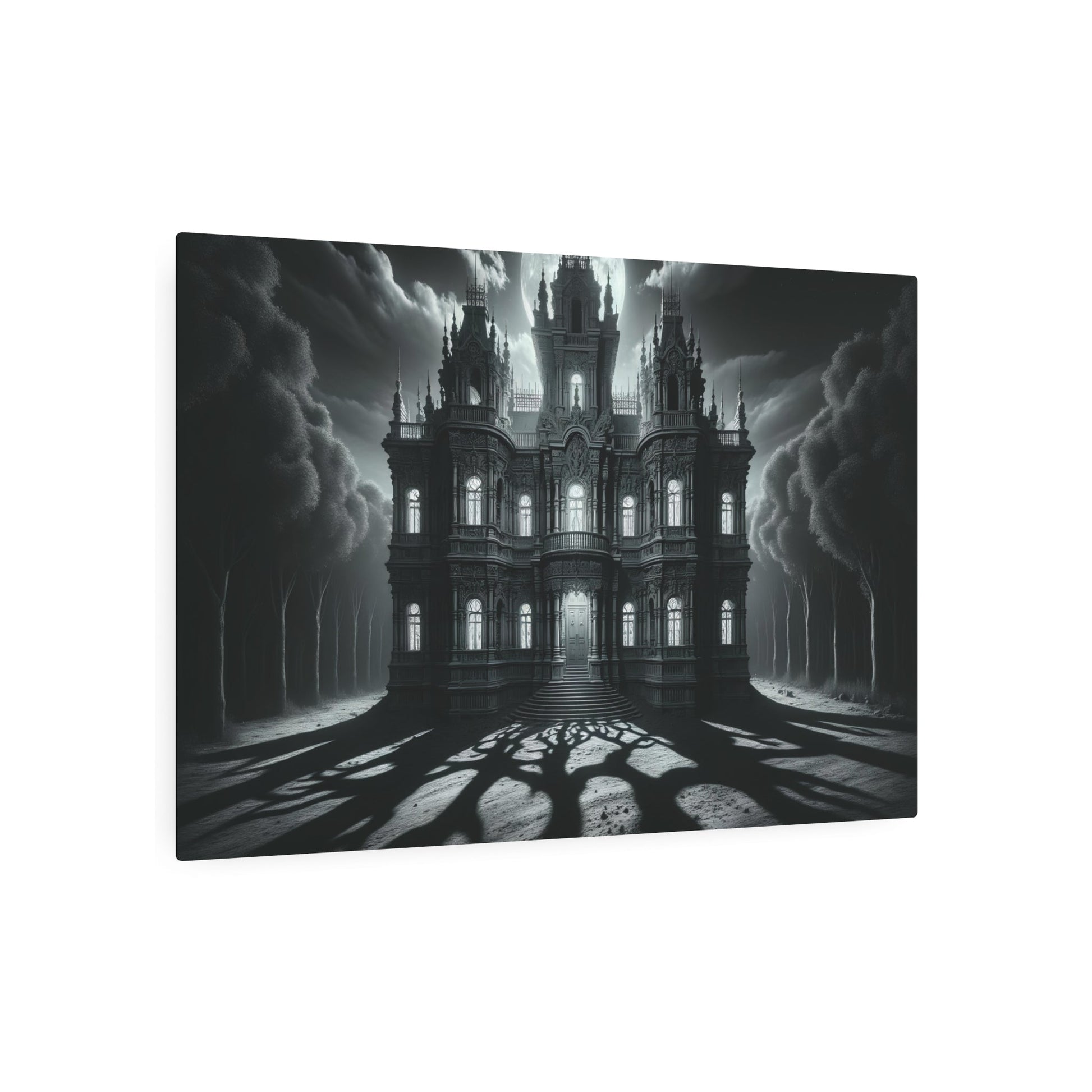 Metal Poster Art | "Baroque Style Spooky Haunted Mansion Art Print - Dramatic Western Art Depicting Full Moon Illuminated Woodlands" - Metal Poster Art 36″ x 24″ (Horizontal) 0.12''