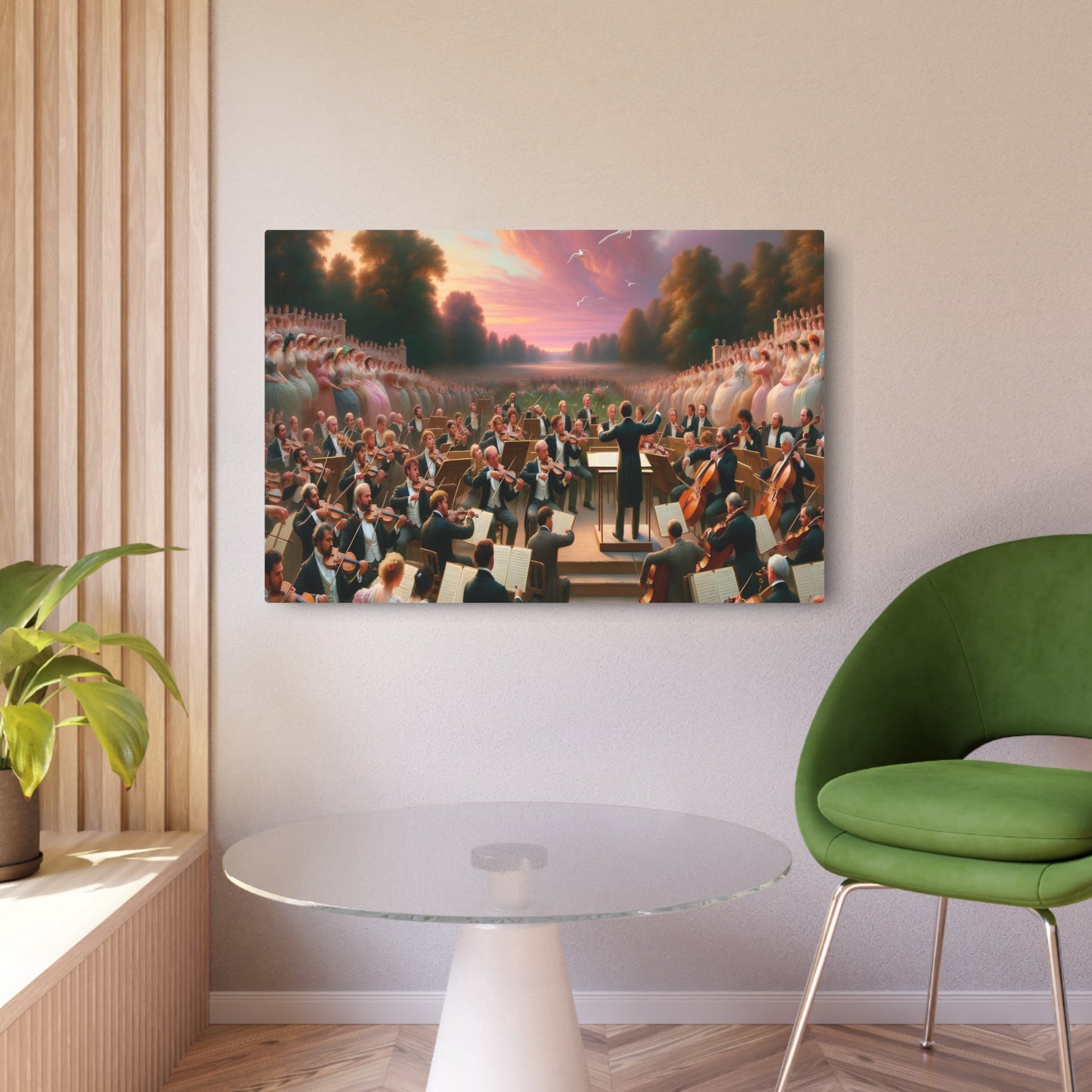 Metal Poster Art | "Romanticism Era Symphony Under Pastel - Pink Sunset - 19th Century Western Art Scene with Orchestra, Grand Piano & Famous Painters" - Metal Poster Art 36″ x 24″ (Horizontal) 0.12''