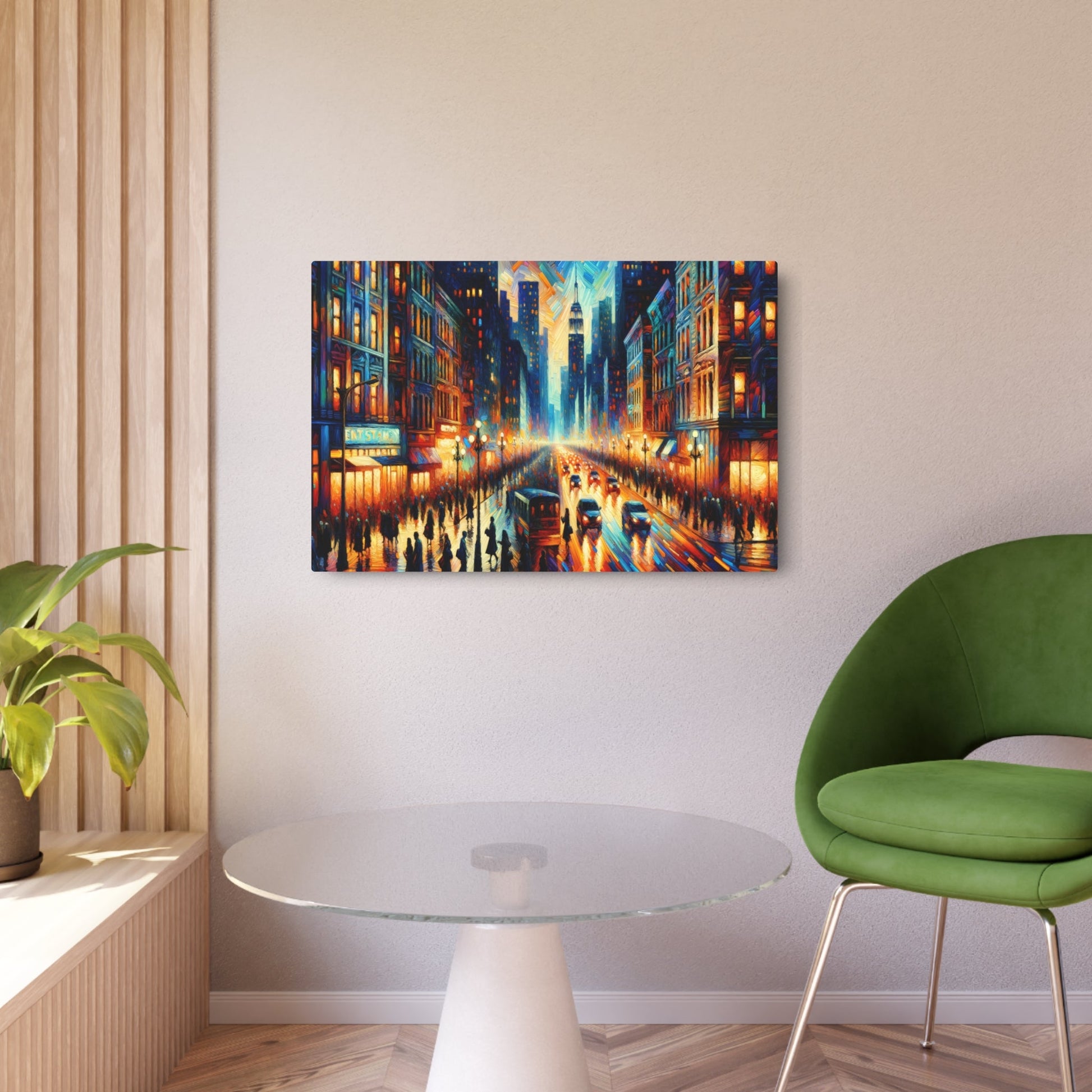 Metal Poster Art | "Expressionistic Western Art Style: Bustling Night City Street Scene - Expressionism Artwork" - Metal Poster Art 36″ x 24″ (Horizontal) 0.12''