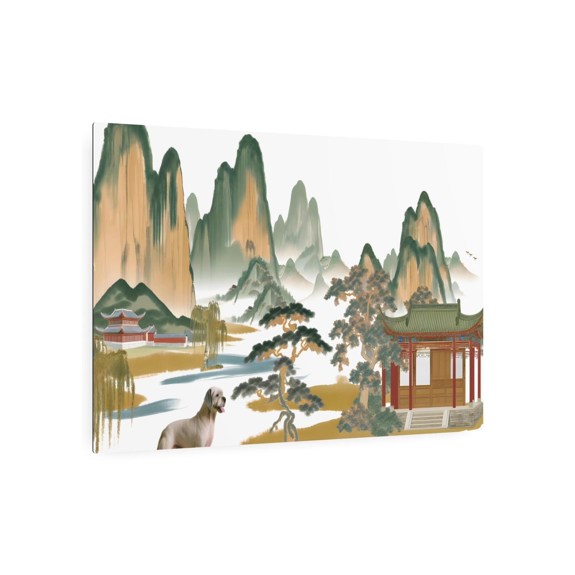 Metal Poster Art | "Traditional Chinese Landscape Painting with Dog, Asian Art Style - Mountain River Trees and Ancient Architecture Design" - Metal Poster Art 36″ x 24″ (Horizontal) 0.12''