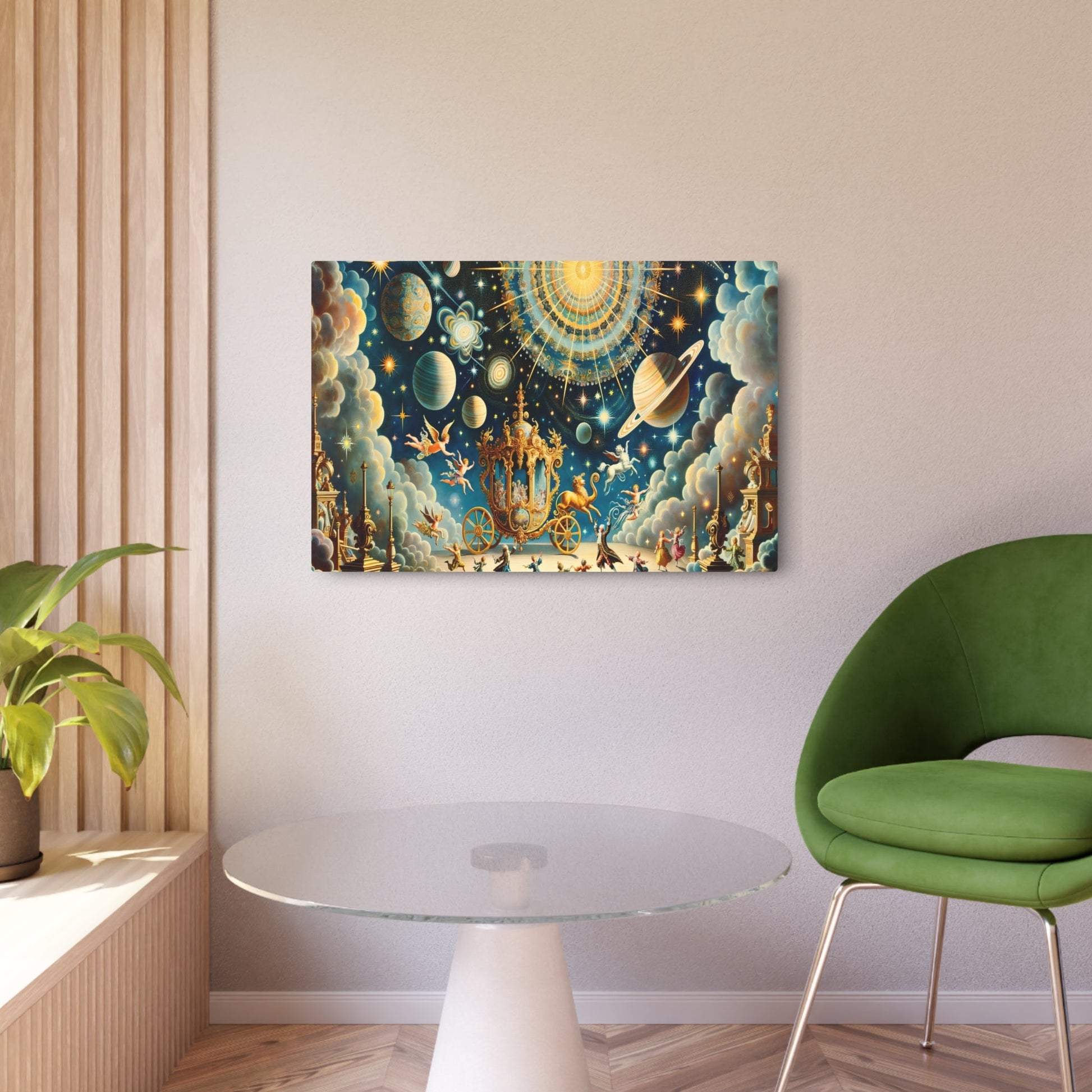 Metal Poster Art | "Rococo Period - Inspired Celestial Scene Painting - Western Art Style featuring Planets, Stars, Galaxies and Cherubs in Rich Blue - Metal Poster Art 36″ x 24″ (Horizontal) 0.12''