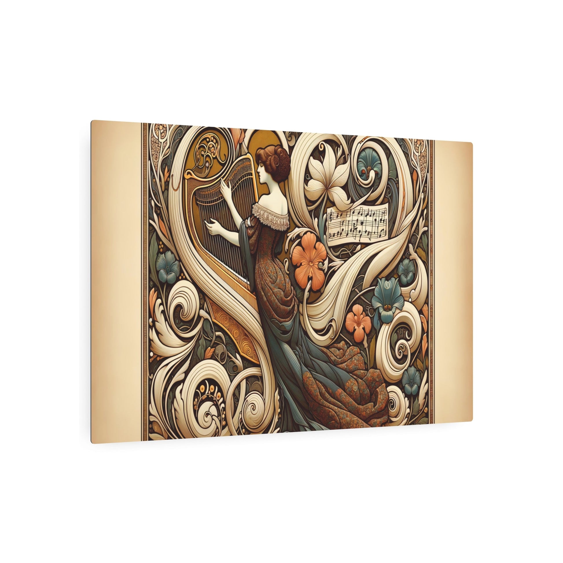 Metal Poster Art | "Art Nouveau - Inspired Late 19th Century Western Art Print: Musical Harmony in Organic Forms - Woman with Stringed Instrument Amid Floral and - Metal Poster Art 36″ x 24″ (Horizontal) 0.12''