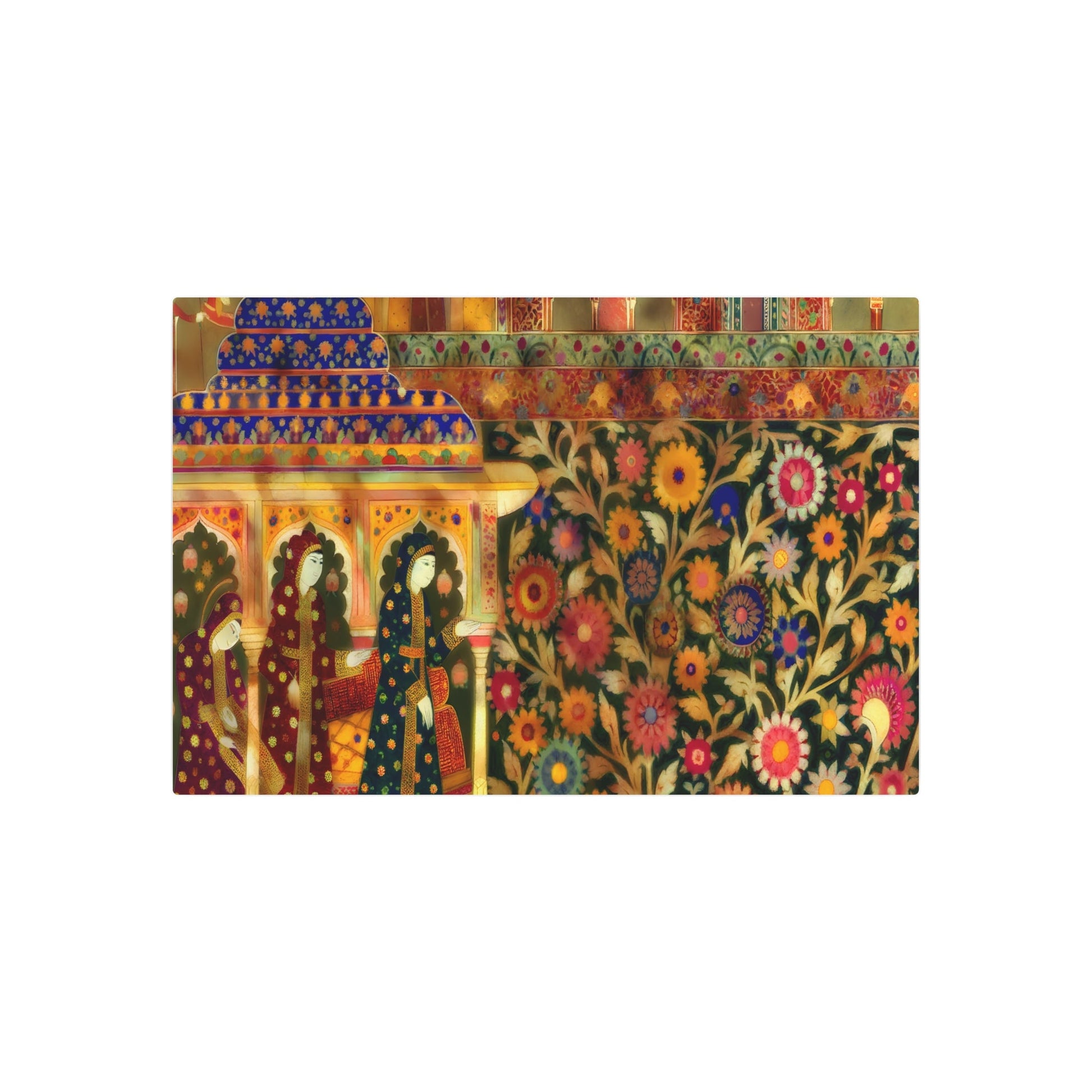 Metal Poster Art | "Mughal Miniature Painting in Vibrant Colors - Intricate South Asian Art with Floral Motifs, Detailed Architecture and Traditional Mughal Attire - Metal Poster Art 36″ x 24″ (Horizontal) 0.12''