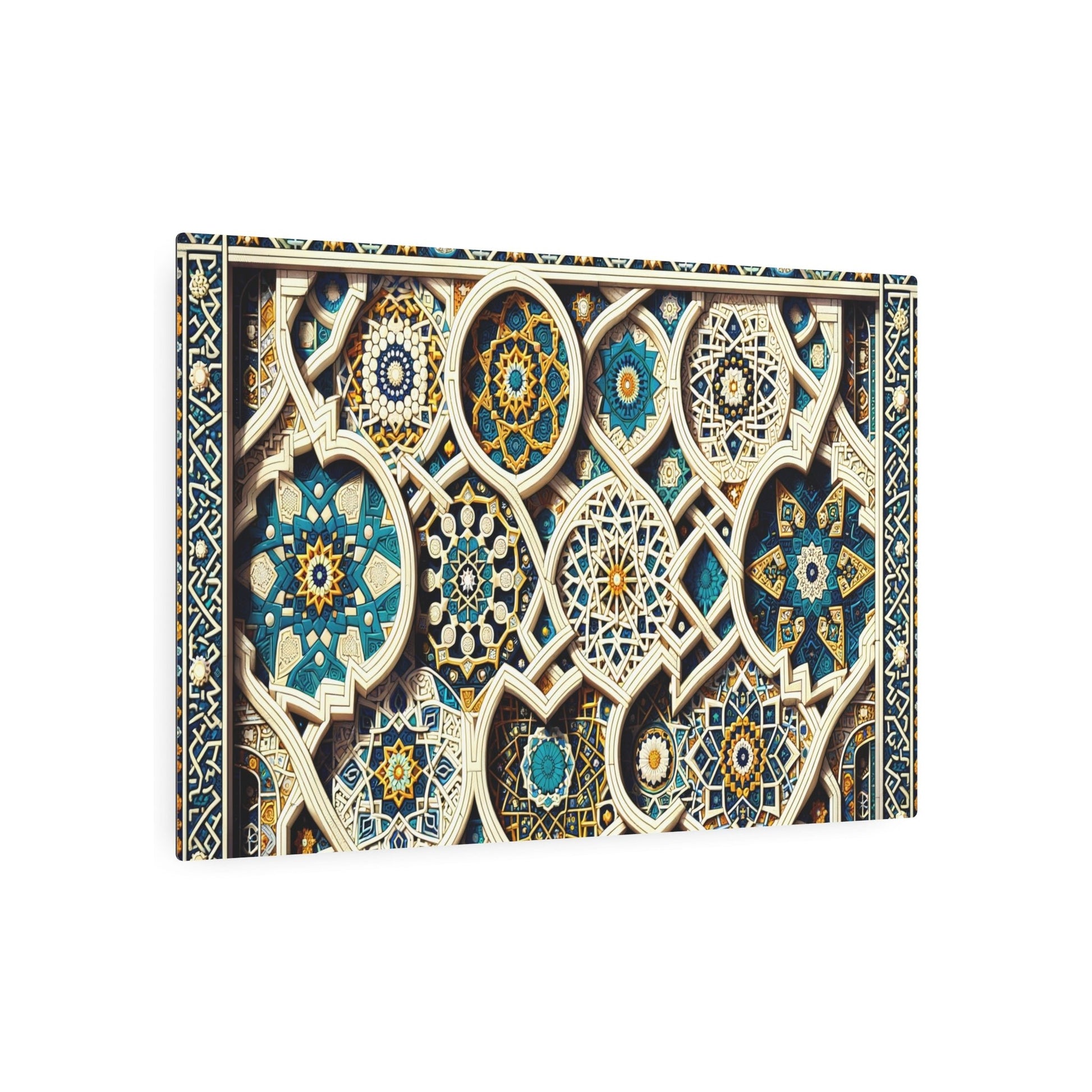 Metal Poster Art | "Islamic Geometric Patterns Wall Art in Traditional Bright Blues, Whites, and Golds - Exquisite Non - Western & Global Styles Decor Featuring Stars - Metal Poster Art 36″ x 24″ (Horizontal) 0.12''