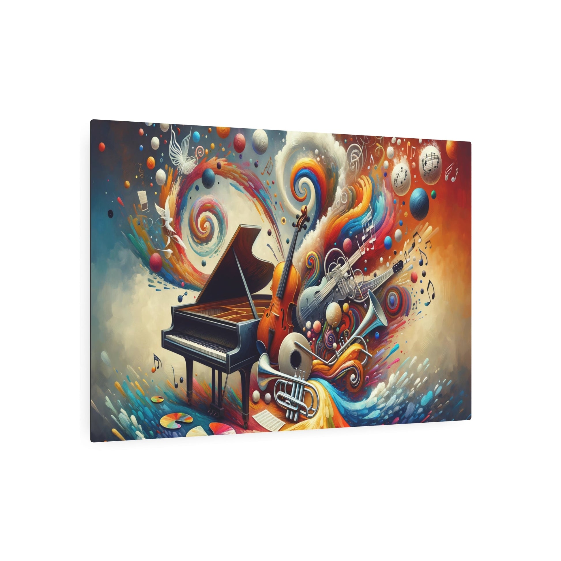 Metal Poster Art | "Modern & Contemporary Digital Art Illustration: Vibrant Fusion of Music and Art with Energetic Instruments and Paint Strokes | Dalle - 3 - Metal Poster Art 36″ x 24″ (Horizontal) 0.12''