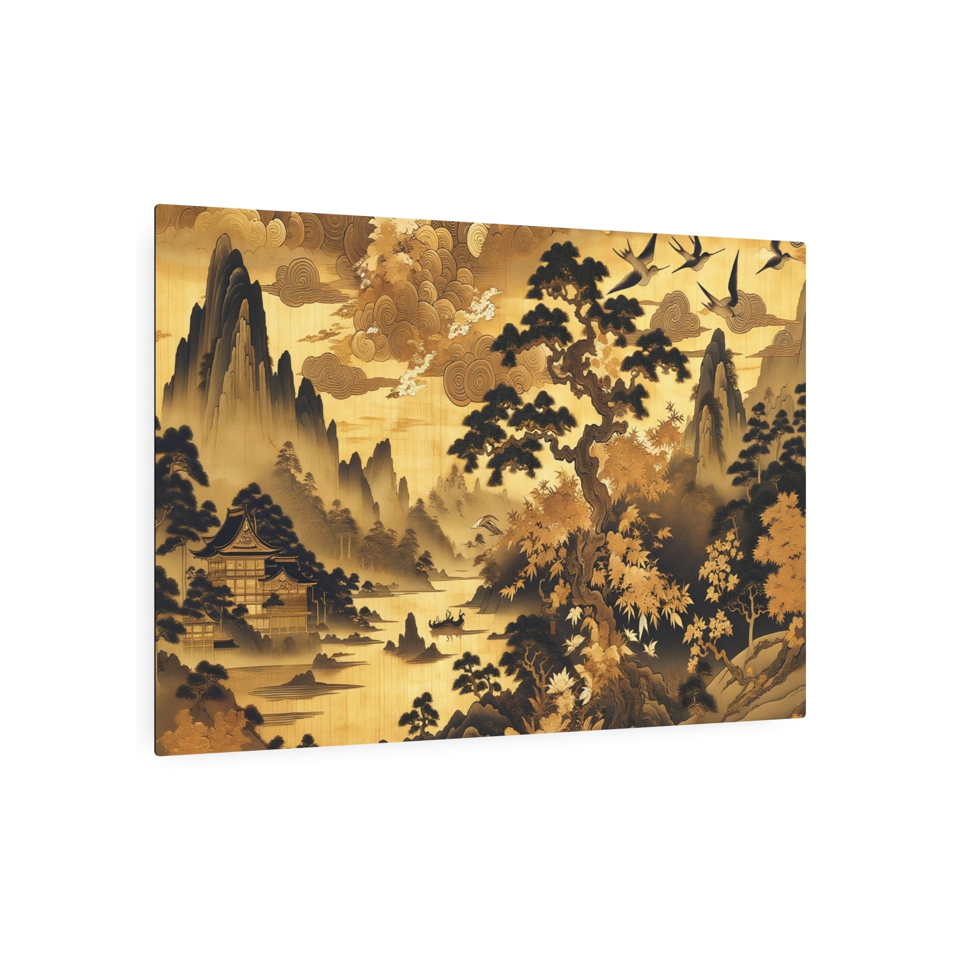 Metal Poster Art | "Exquisite Kano School Japanese Art Print - Asian Art Styles Collection - Featuring Golden Clouds, Landscapes, Birds & Animals with Rich Mon - Metal Poster Art 36″ x 24″ (Horizontal) 0.12''